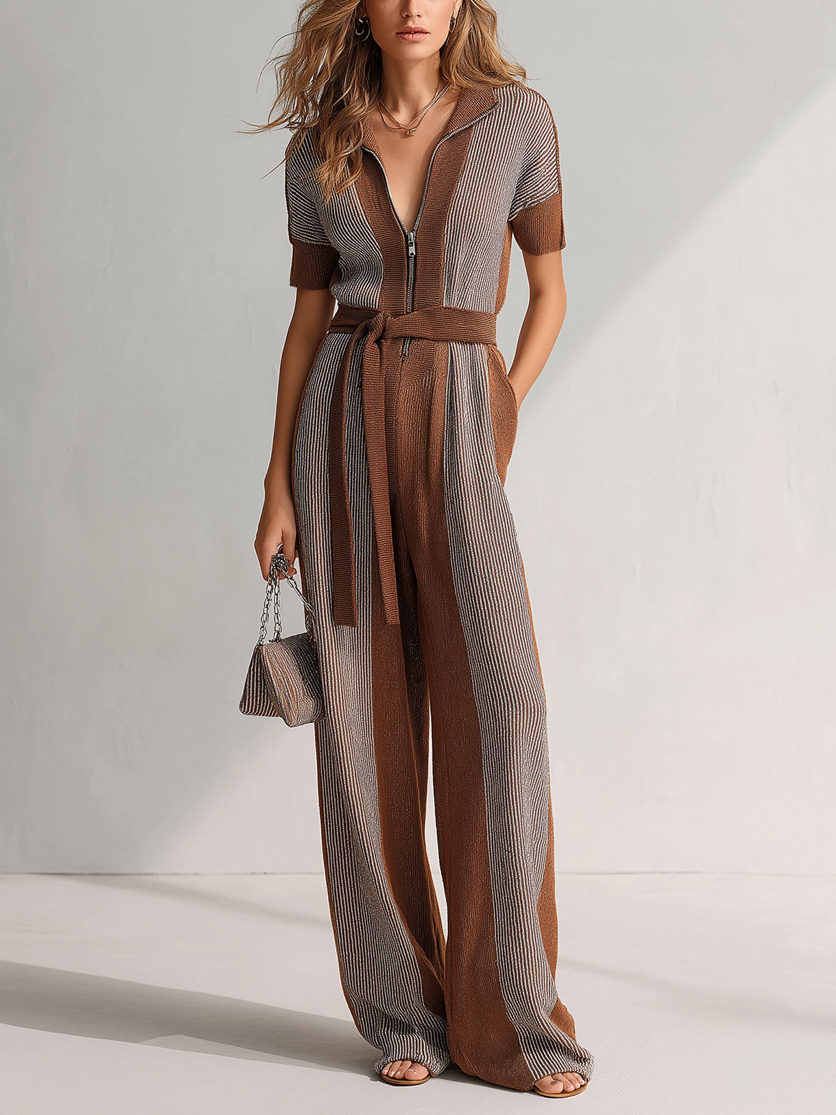 ElevenOra Chic Elegant Brown-Gray Colorblock Zipper-Up Lapel Collar Short-Sleeve Belted Waist Loose-Fit Wide-Leg Knit Jumpsuit