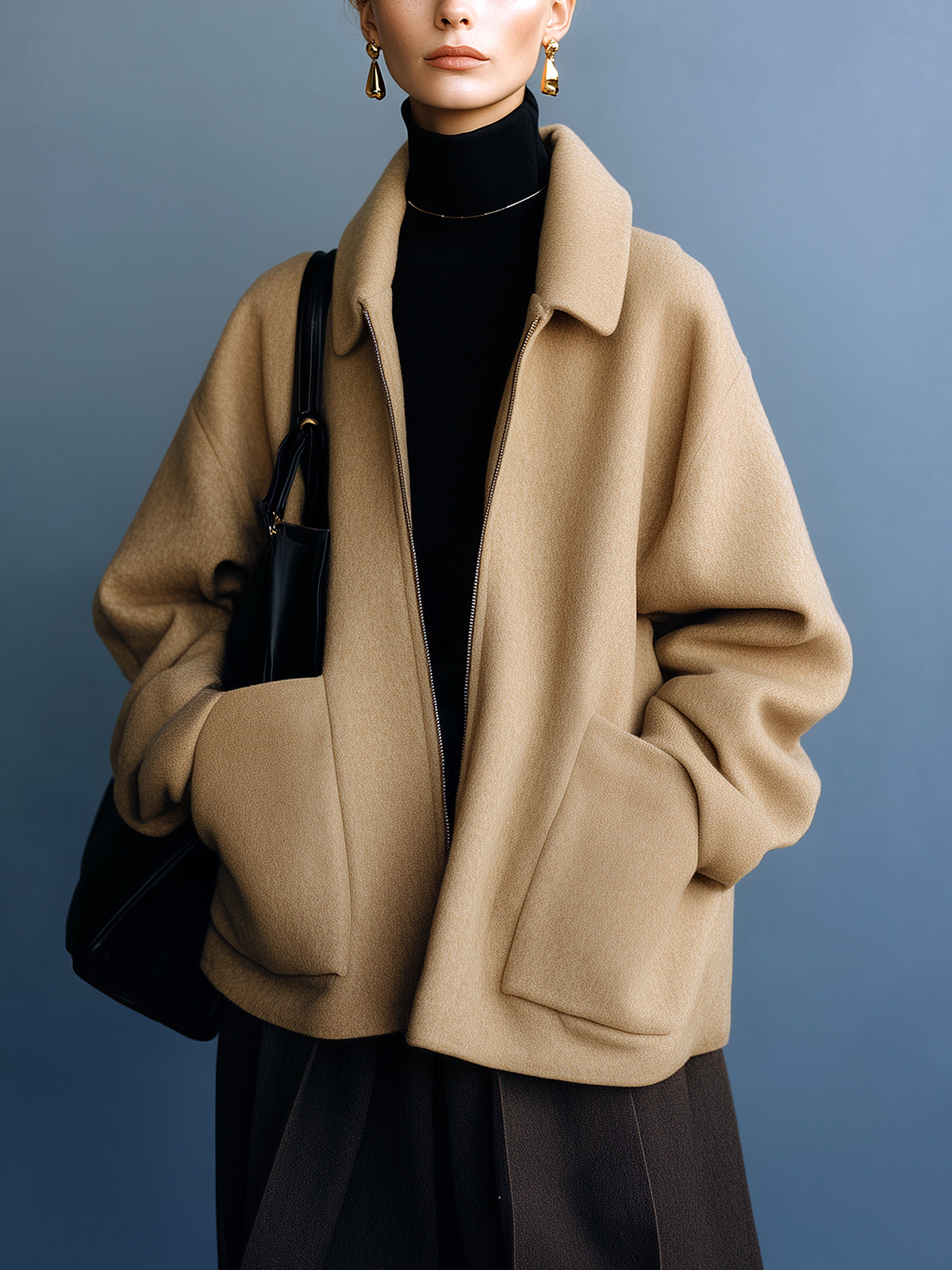 ElevenOra Chic Vintage Camel Wool Blend Lapel Zip-Up Large Pocket Slouchy Short Coat