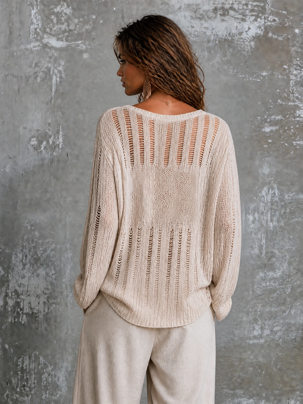 ElevenOra Chic Elegant Off White V-Neck Beaded Detail Long Sleeve Loose-Fit Hollow-Out Knit Sweater Top