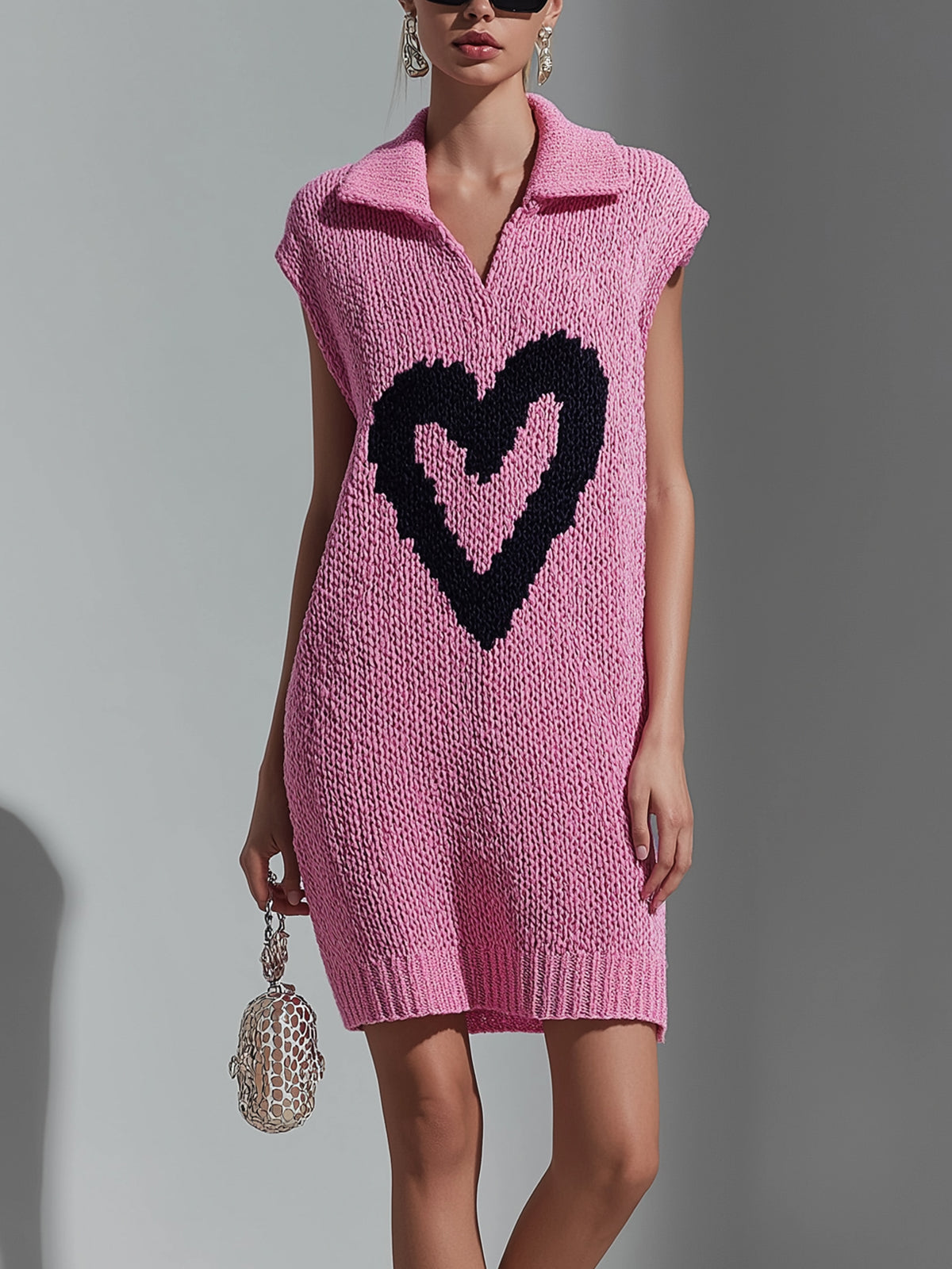 ElevenOra Chic Casual Pink Lapel V-Neck Heart Jacquard Sleeveless Loose-Fit Knit Mini Dress