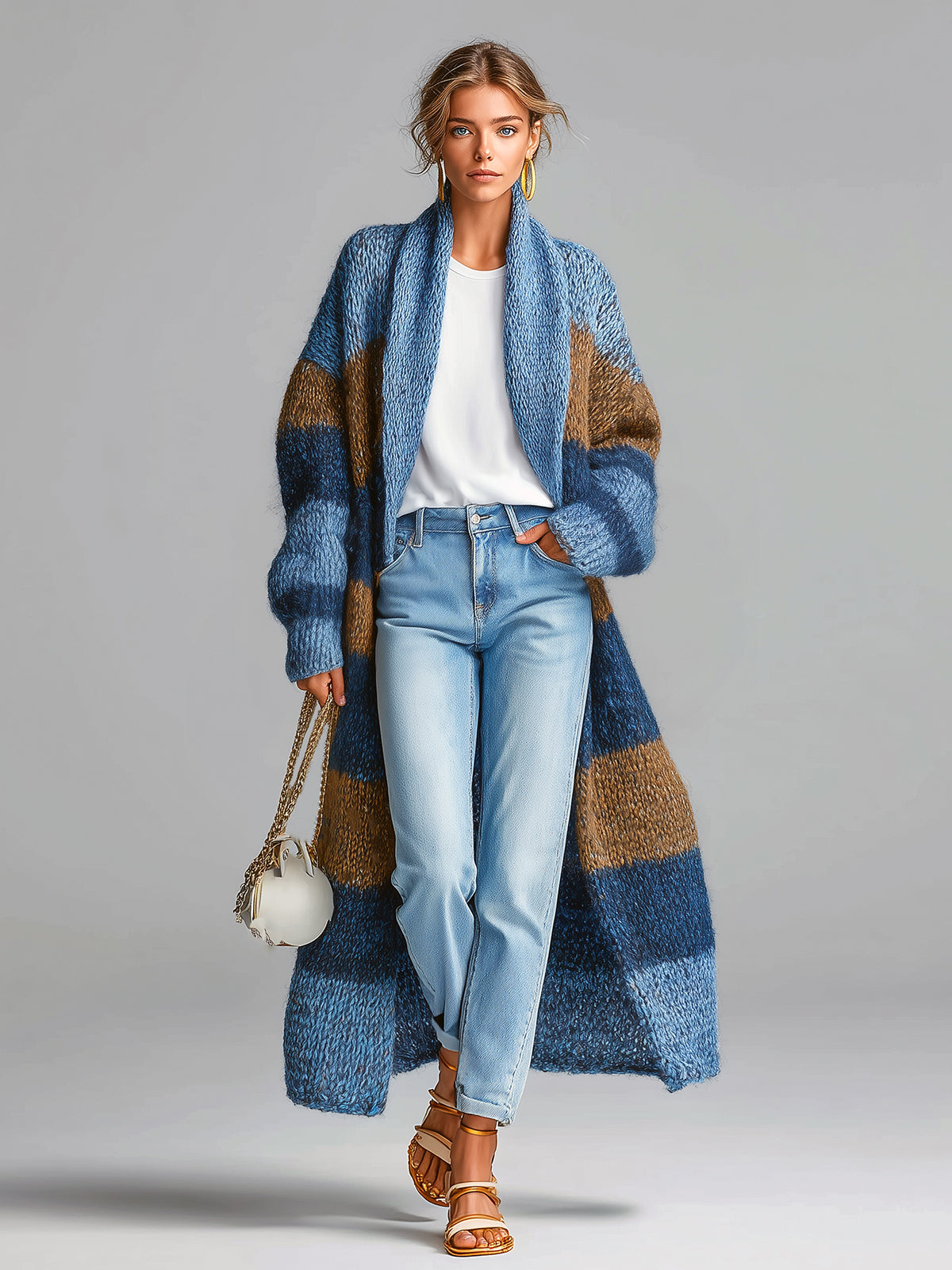 ElevenOra Chic Blue-Brown Striped Shawl Lapel Maxi-Length Slouchy Textured Knit Cardigan