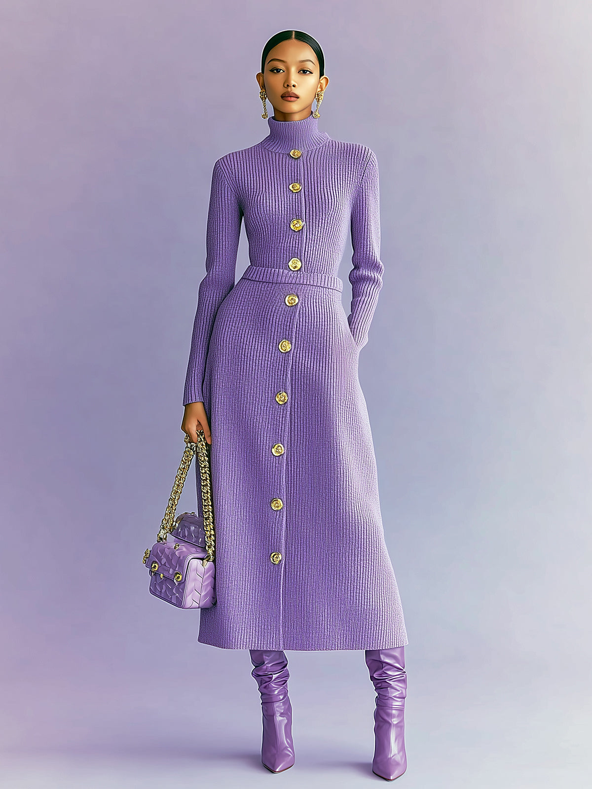 ElevenOra Vintage Elegant Turtleneck Button Detail Long Sleeve Pullover Sweater Elastic Waist Maxi Skirt Two-piece Set