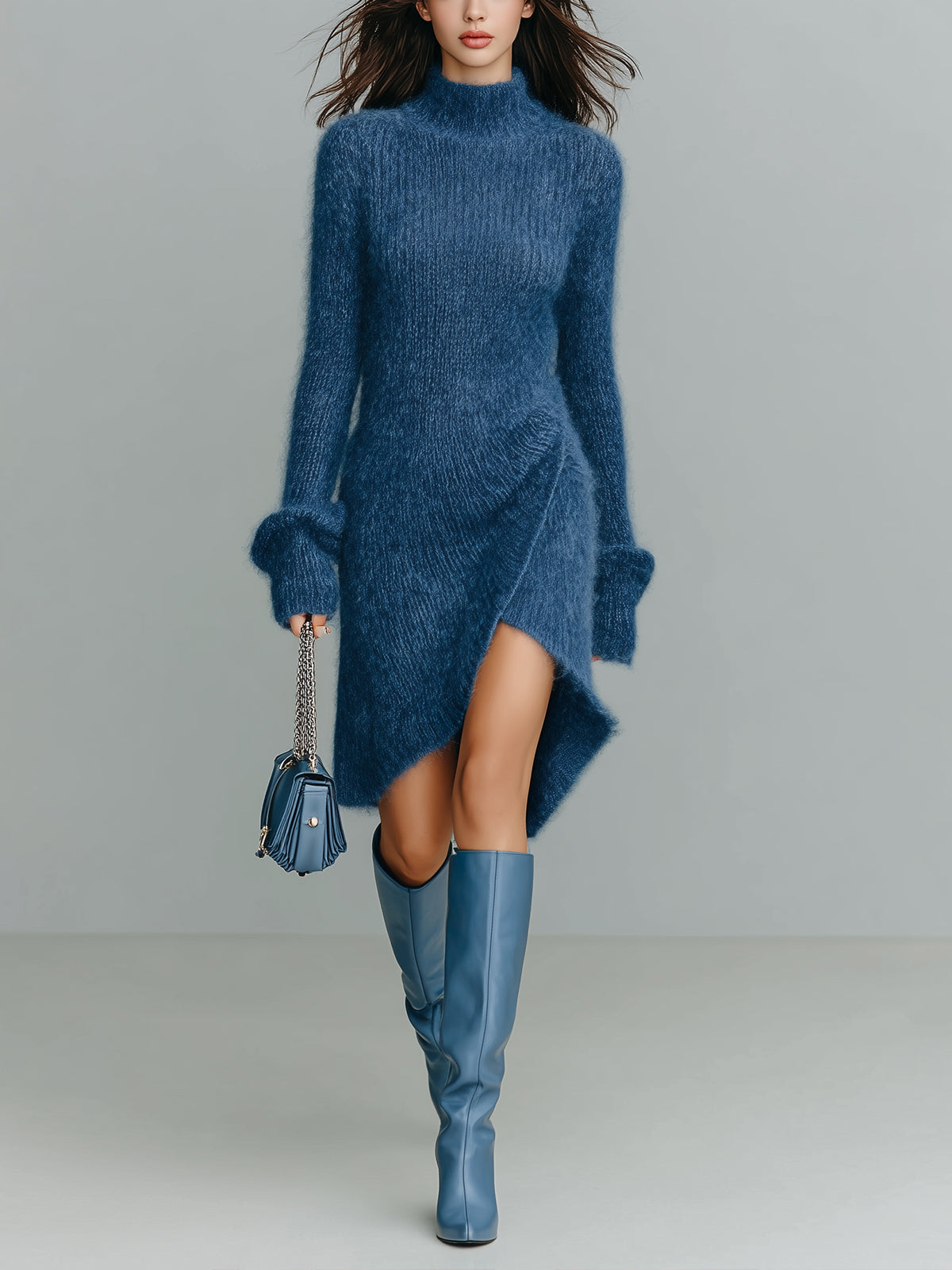 ElevenOra Chic Vintage Navy Mock Neck Long Sleeve Slim-Fit Asymmetrical Hem Ribbed Knit Midi Dress