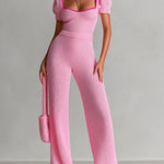 ElevenOra Chic Elegant Pink Contrast Trim Square Neck Short Puff Sleeve Tailored Waist Wide-Leg Knit Jumpsuit