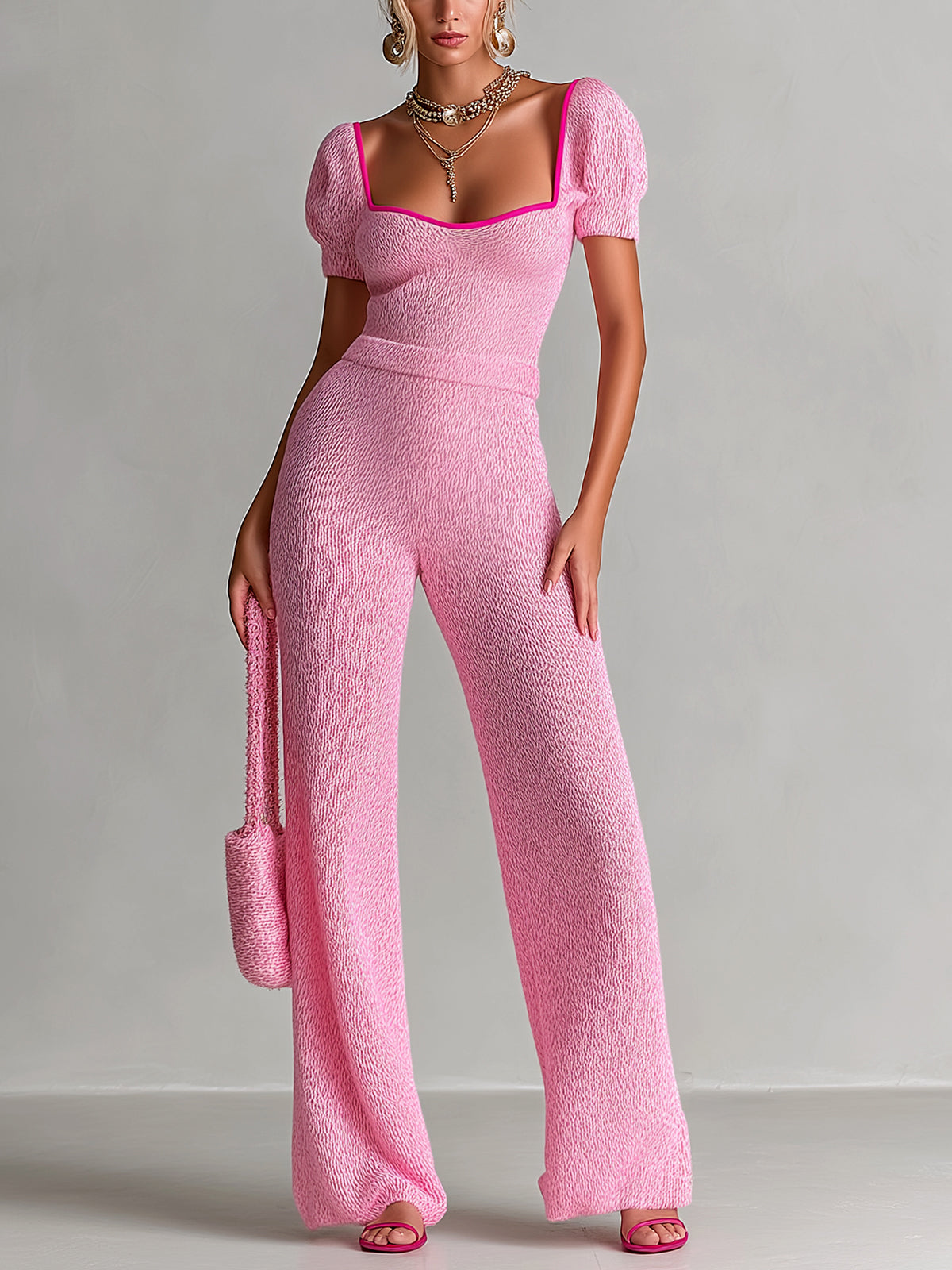 ElevenOra Chic Elegant Pink Contrast Trim Square Neck Short Puff Sleeve Tailored Waist Wide-Leg Knit Jumpsuit