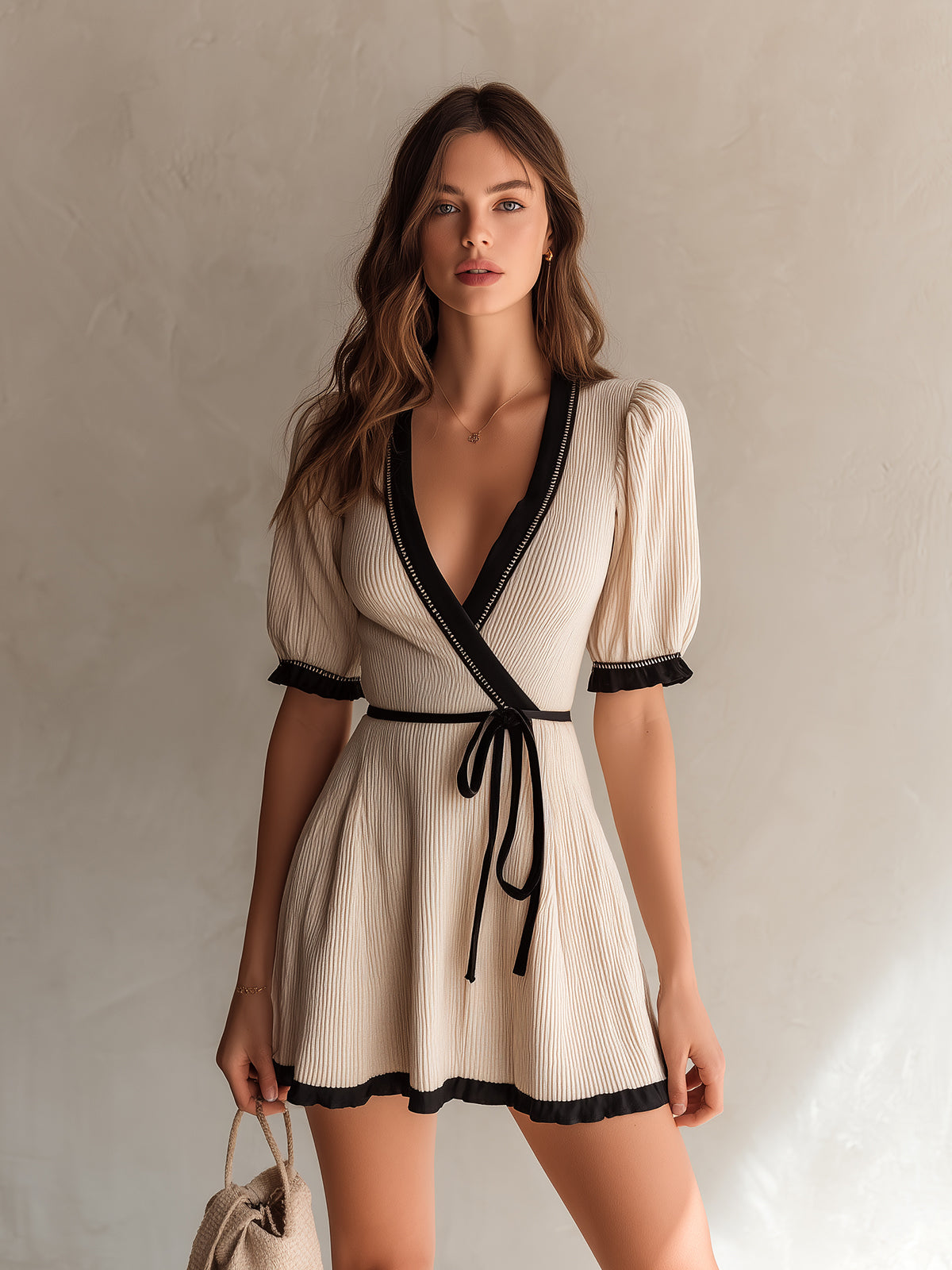 ElevenOra Chic Elegant Beige Deep V-Neck Short-Sleeve Tailored Waist Black Trim Detail Tie Waist A-Line Ribbed Knit Mini Dress