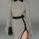 ElevenOra Stylish Color-blocked High-neck Belted Slim Fit Hem Side Slit Long-sleeved Knitted Mini Dress