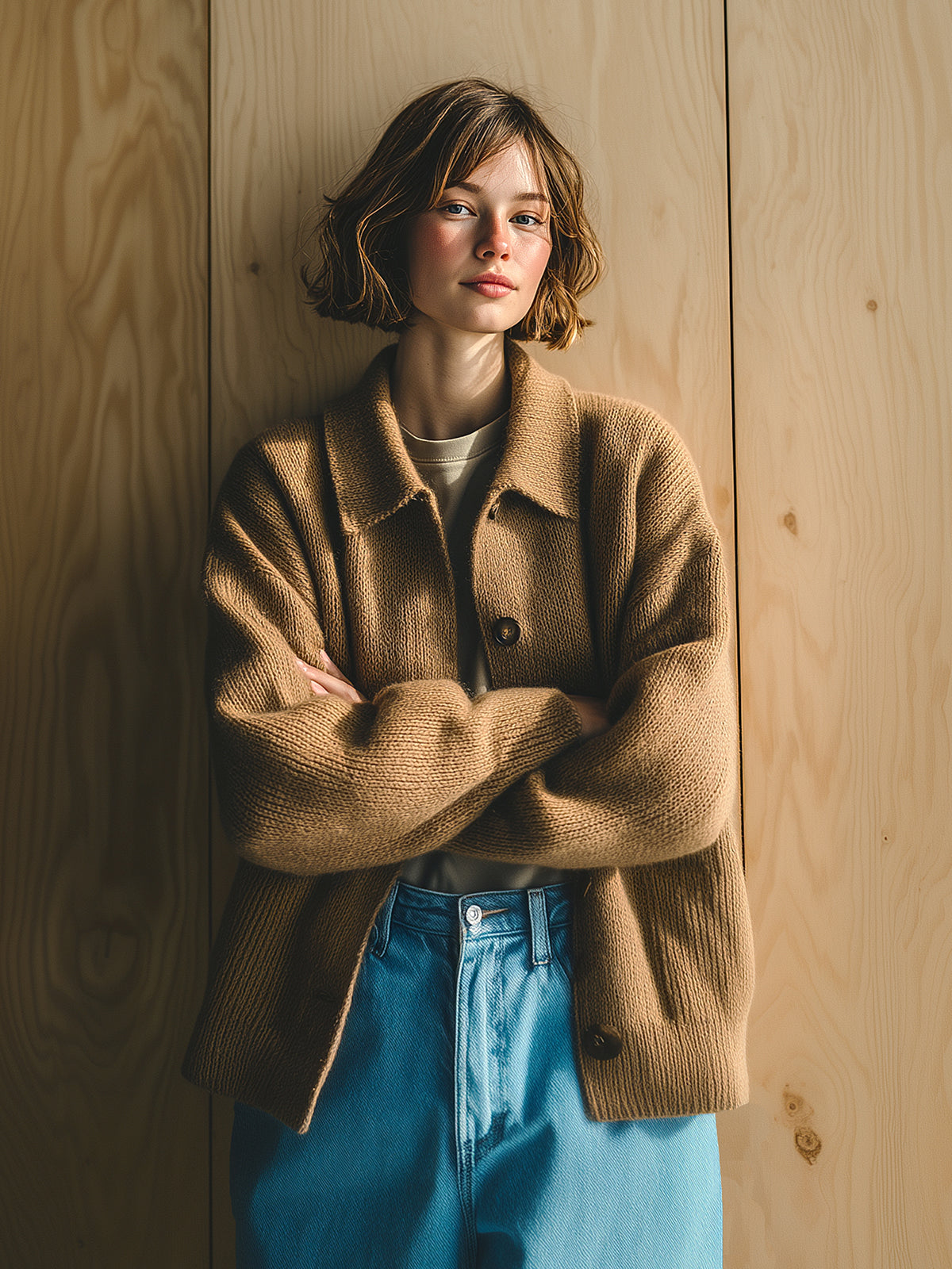 ElevenOra Chic Vintage Camel Lapel Single-Breasted Long Sleeve Oversized Knit Cardigan