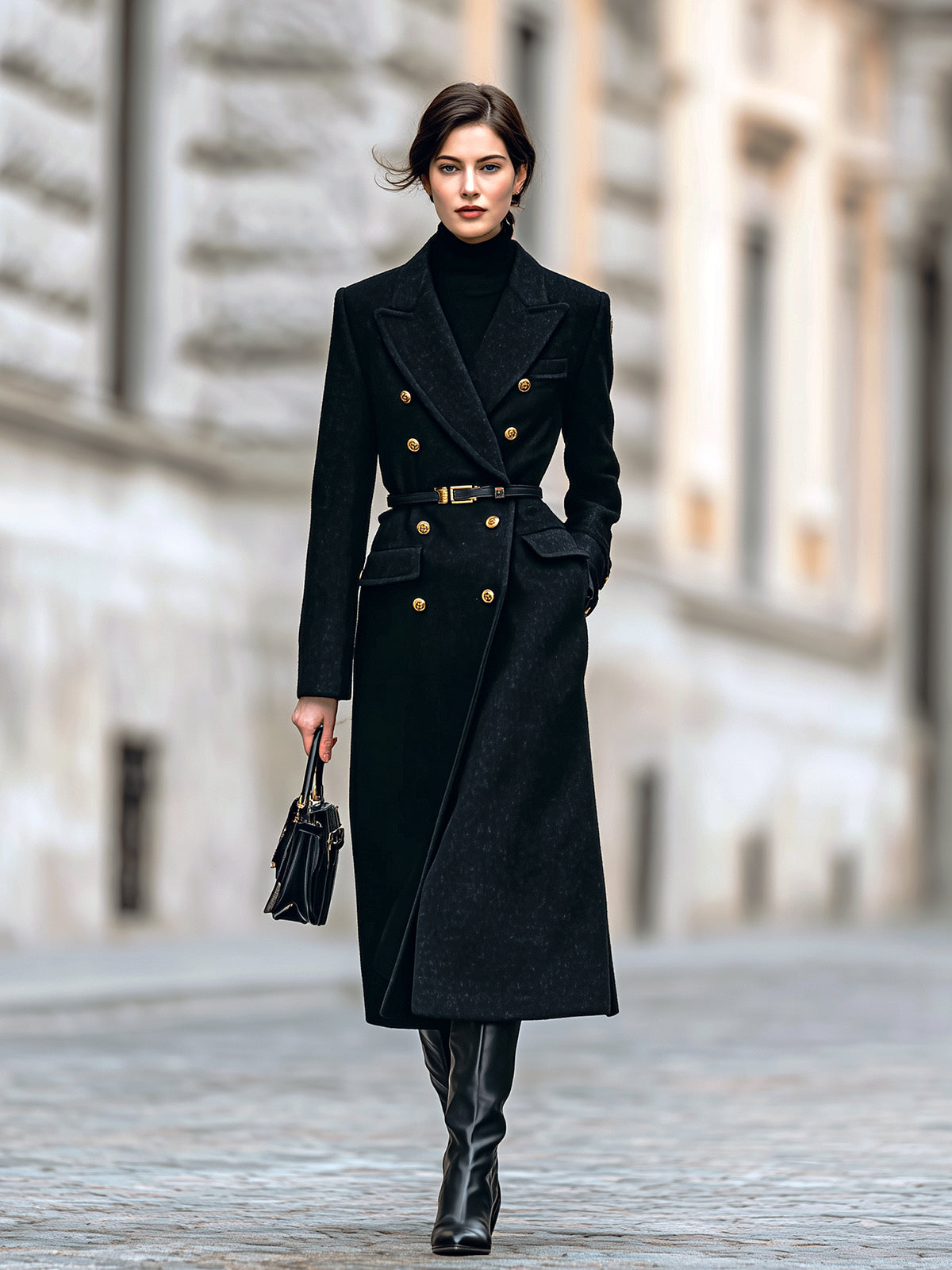 ElevenOra Vintage Elegant Velvet Peak Lapel Double-Breasted Tailored Waist Belted Long Coat