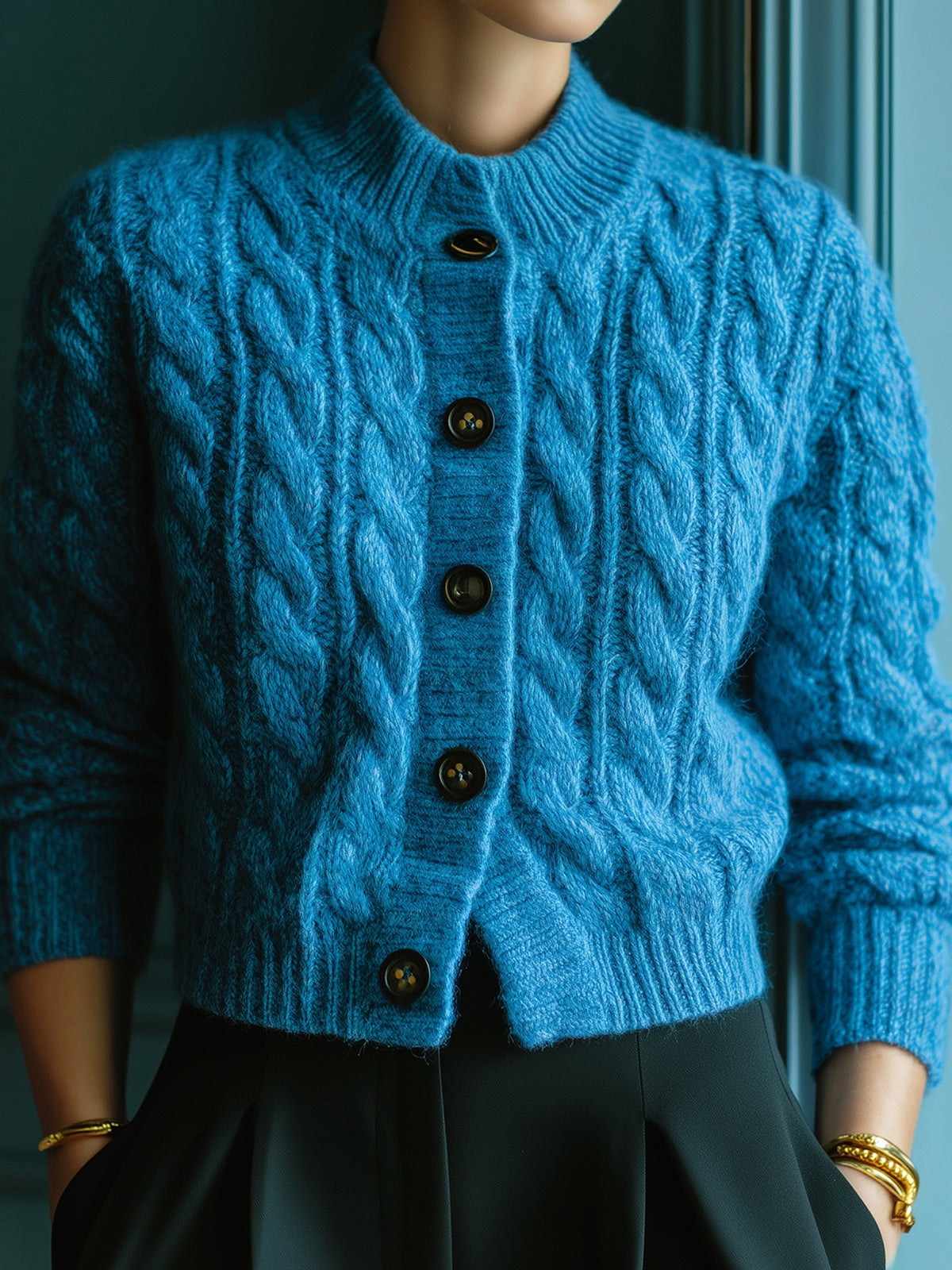 ElevenOra Chic Casual Lake Blue Cable Knit Crew Neck Black Button Cropped Knit Cardigan