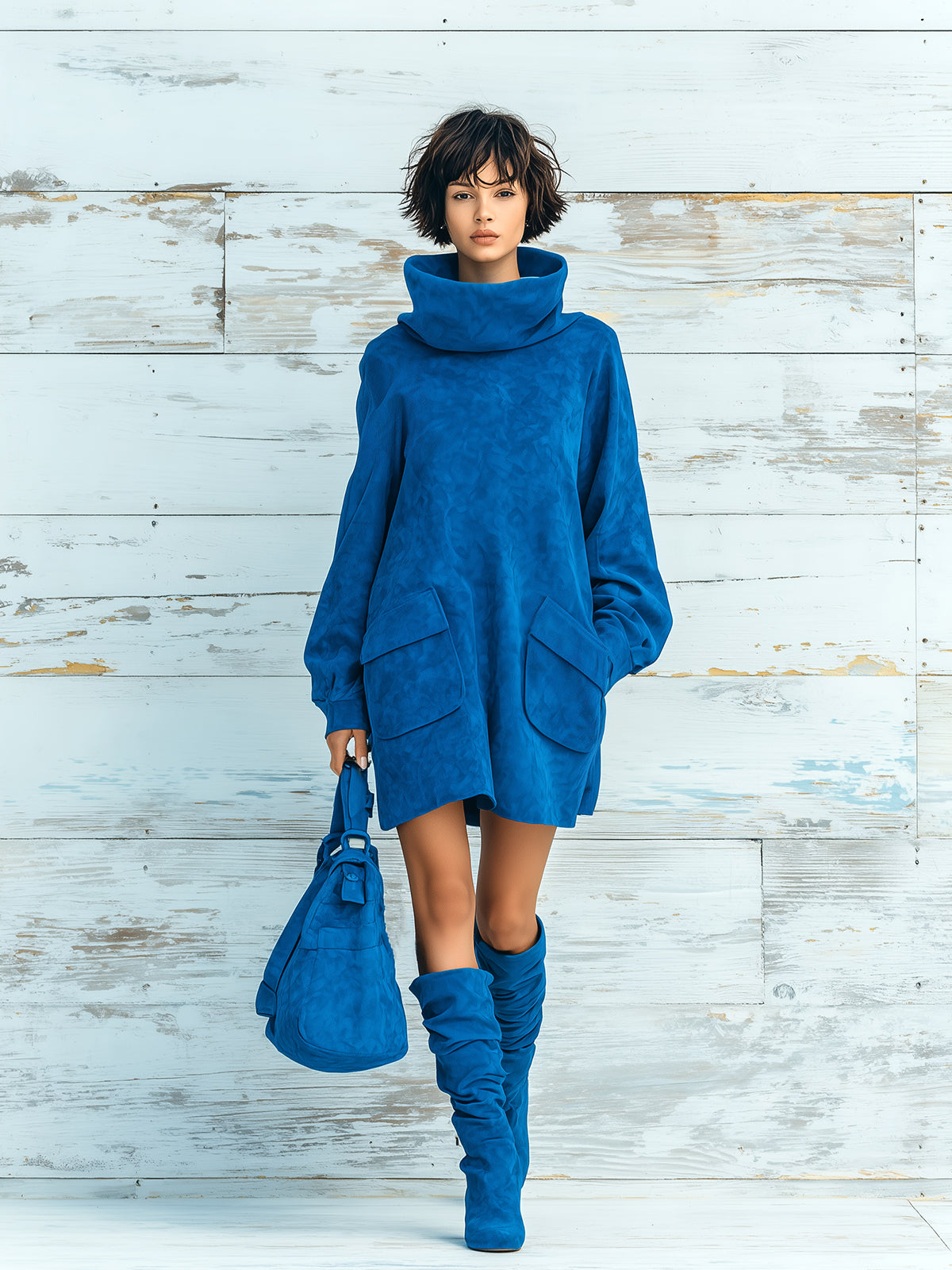 ElevenOra Chic Elegant Royal Blue Faux Suede Oversized Turtleneck Long Lantern Sleeve Patch Pocket Mini Dress