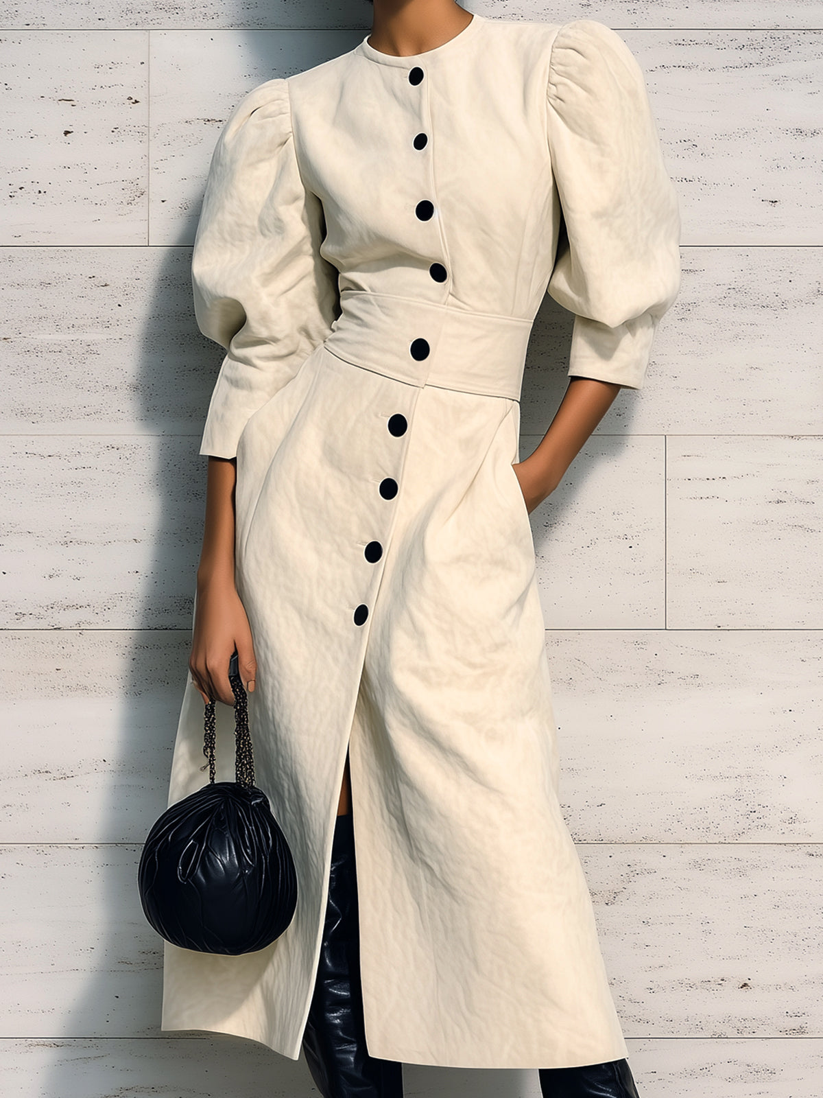 ElevenOra Chic Elegant Cream White Faux Suede Round Neck Single-Breasted Puff Sleeve Tailored Waist Slim-Fit Midi Dress