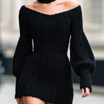 ElevenOra Stylish Off-shoulder Lantern Sleeve Slim Fit Knitted Bodycon Mini Dress