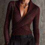 ElevenOra Chic Claret V-Neck Cross-Detail Long-Sleeve Slim-Fit Sweater Top