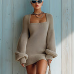 ElevenOra Casual Vintage Light Brown Square Neck Chunky Knit Lantern Sleeve Vintage Slouchy Knit Mini Dress