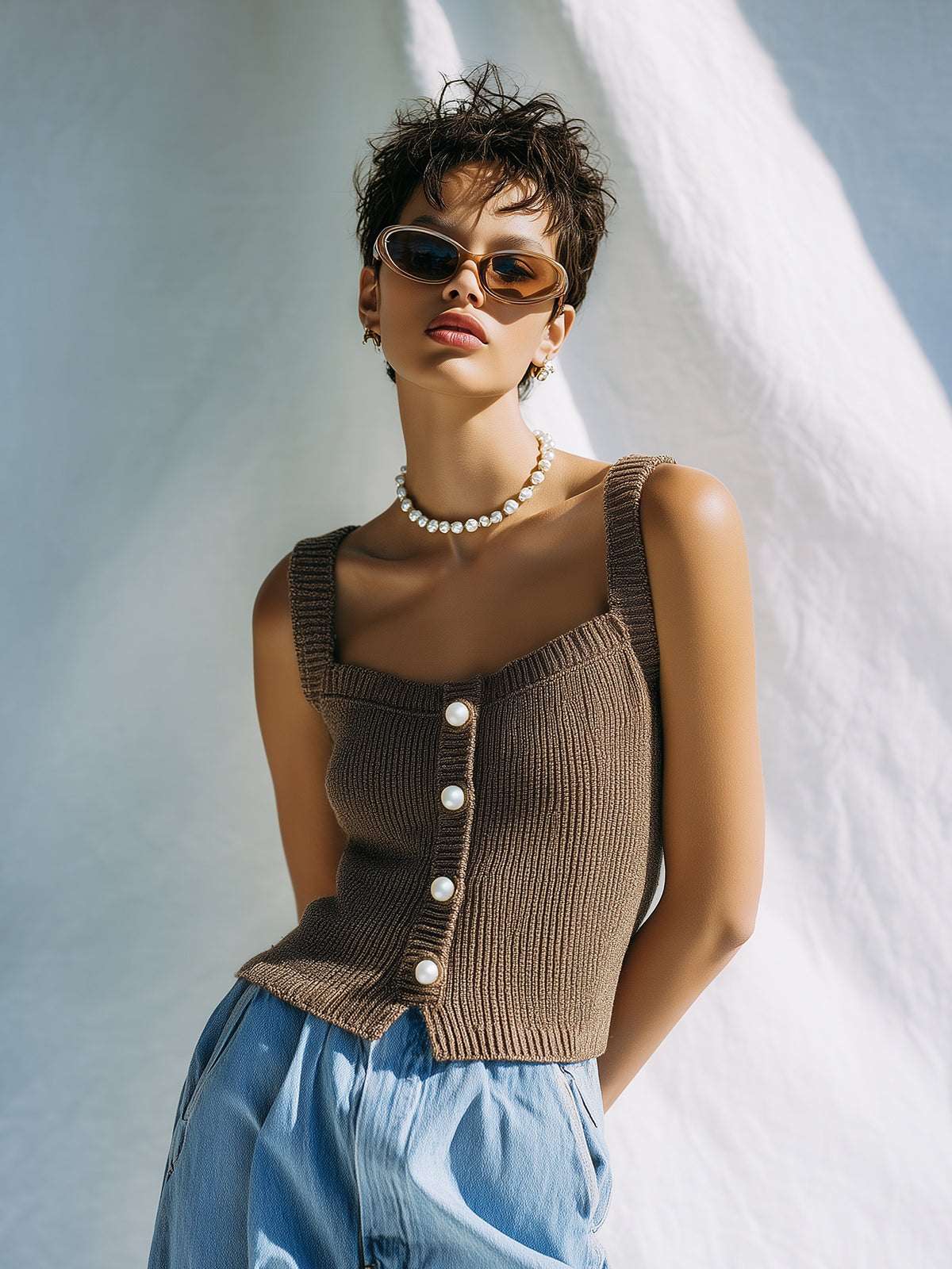 ElevenOra Chic Casual Brown Square Neck Sleeveless Button Details Slim-Fit Ribbed Knit Tank Top