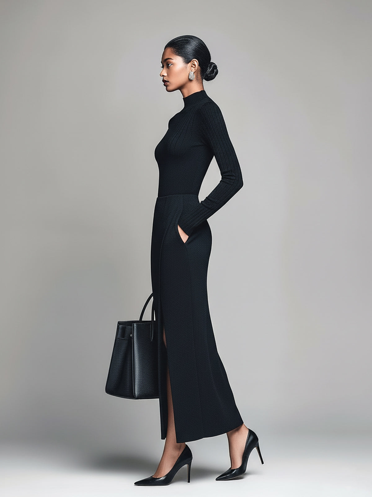 ElevenOra Casual Office Cotton Blend Turtleneck Long Sleeve High Side Slit Bodycon Maxi Dress
