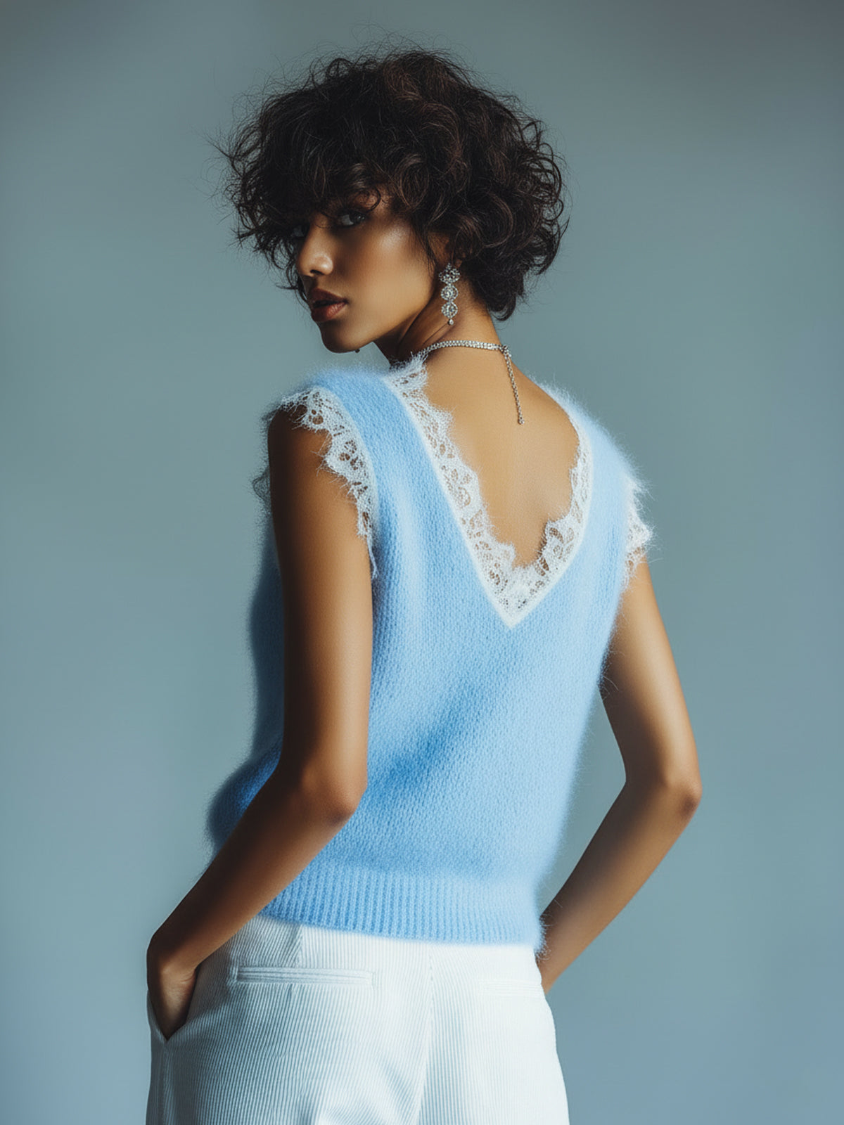 ElevenOra Chic Vintage Blue V-Neck Lace Trim Details Sleeveless Loose-Fit Fuzzy Knit Tank Top