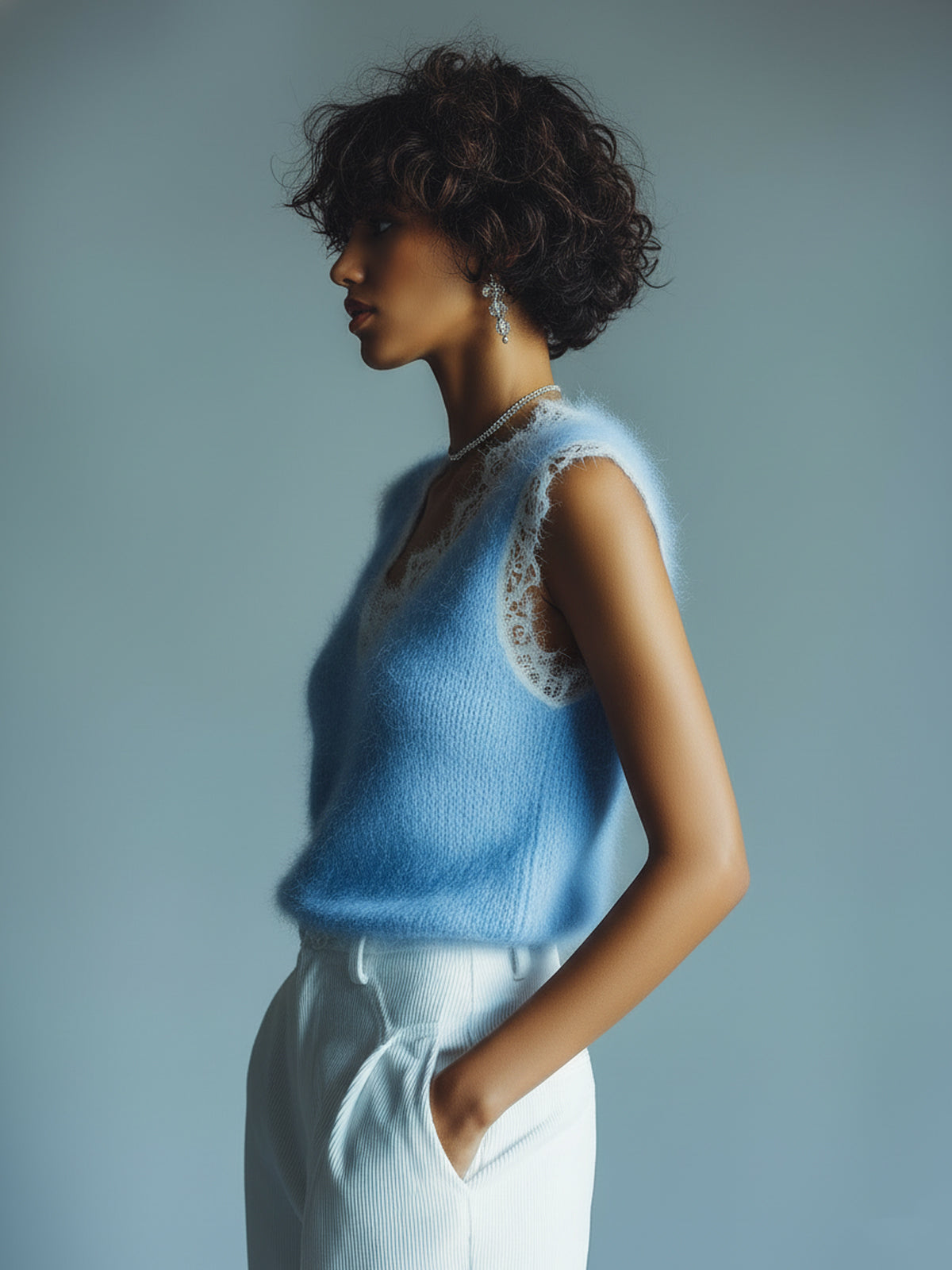 ElevenOra Chic Vintage Blue V-Neck Lace Trim Details Sleeveless Loose-Fit Fuzzy Knit Tank Top