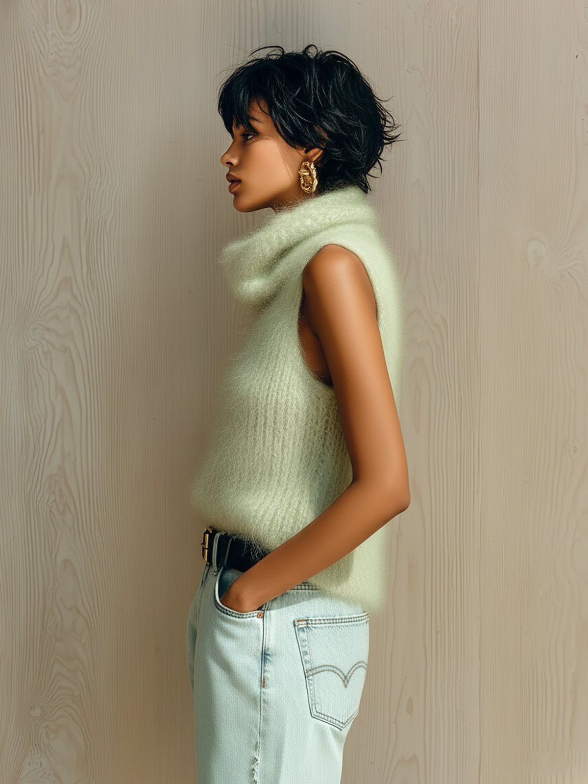 ElevenOra Chic Vintage Light Green Cowl Collar Sleeveless Fuzzy Ribbed Knit Tank Top