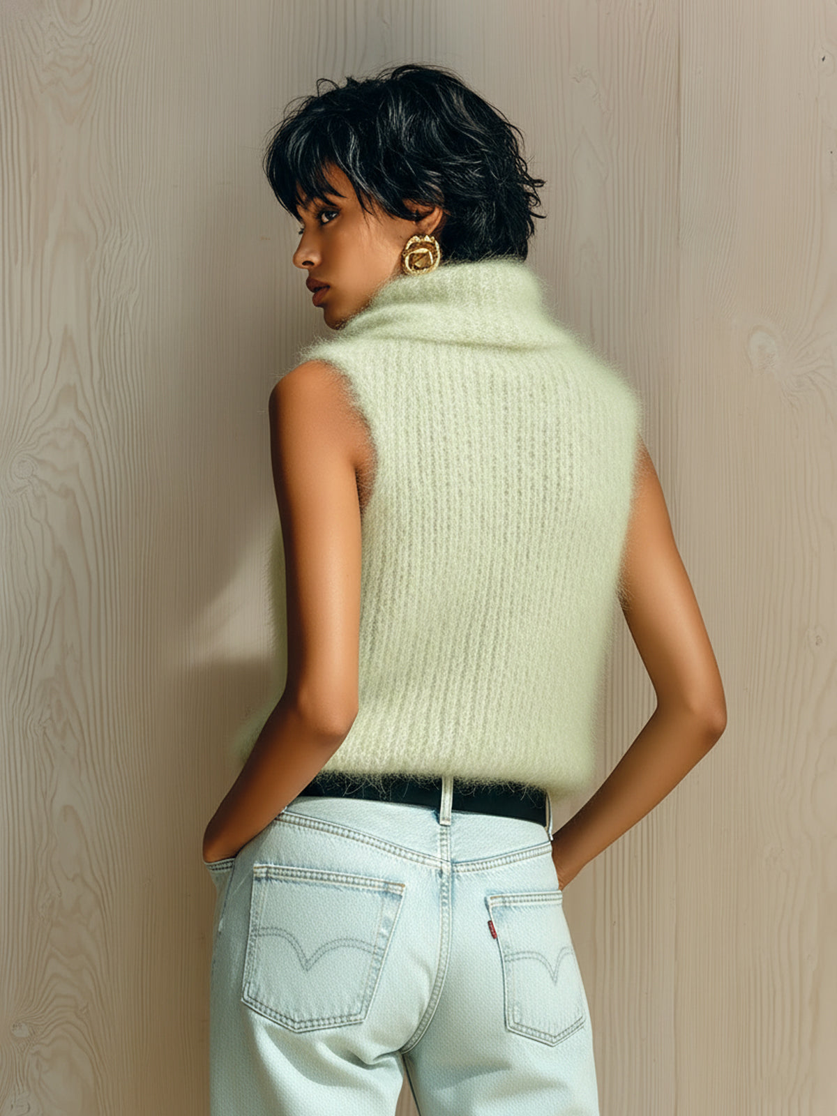 ElevenOra Chic Vintage Light Green Cowl Collar Sleeveless Fuzzy Ribbed Knit Tank Top