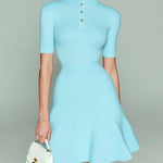 ElevenOra Chic Elegant Blue Mock Neck Button-Front Short-Sleeve Tailored Waist A-Line Ribbed Knit Mini Dress