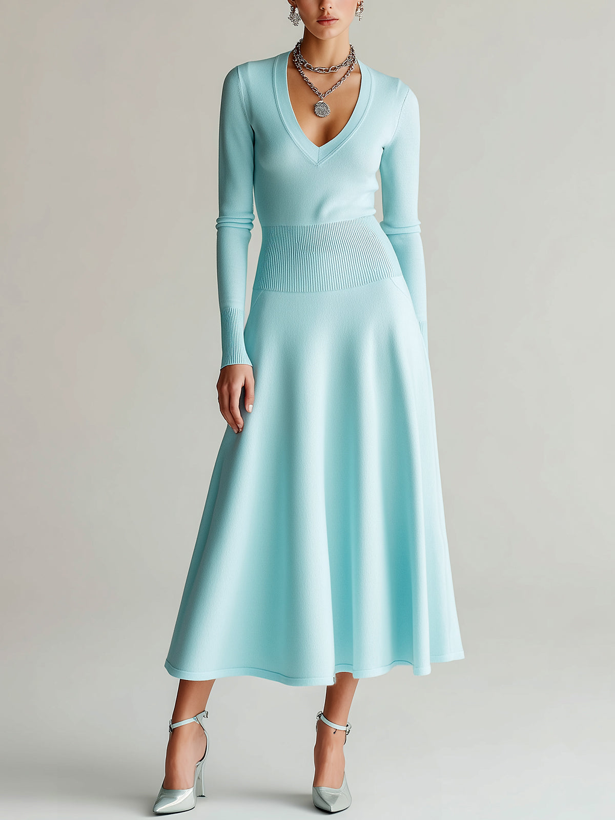 ElevenOra Chic Elegant Baby Blue V-Neck Tailored Waist Long Sleeve Ribbed Knit Maxi Dress