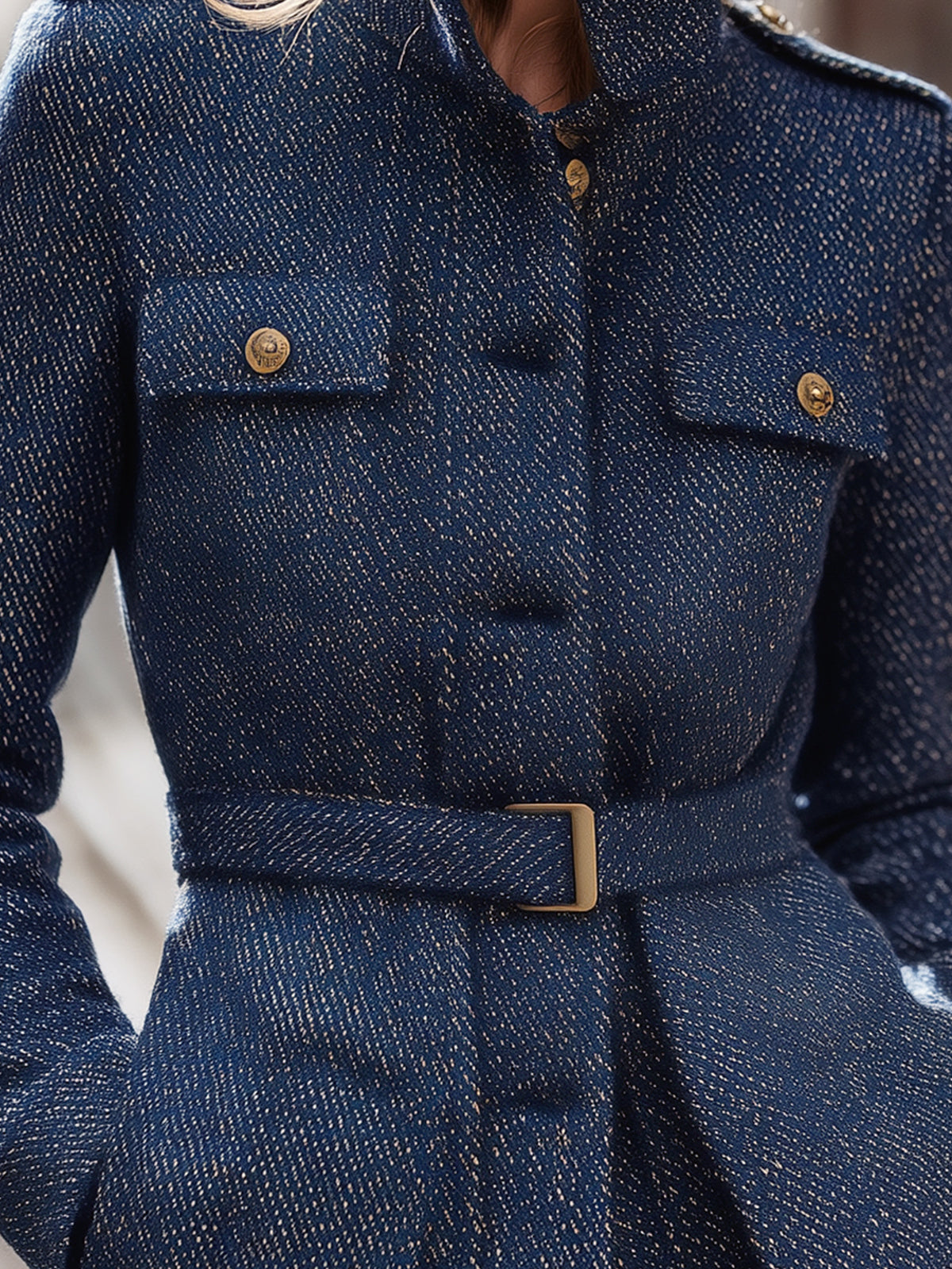 ElevenOra Chic Vintage Twill Wool Blend Stand Collar Single-Breasted Multi-Pocket Belted Safari Jacket