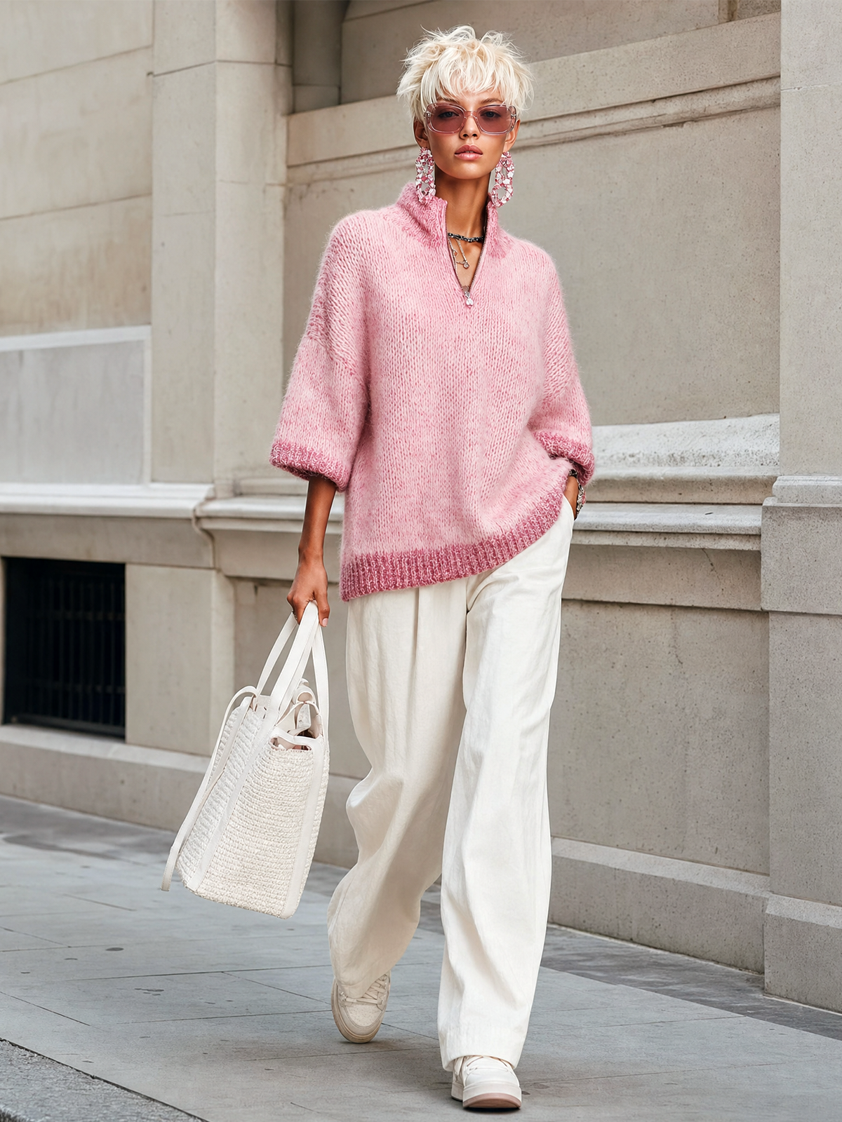 ElevenOra Stylish Casual Pink Stand-collar Zippered Short-sleeved Loose Knit Sweater Top