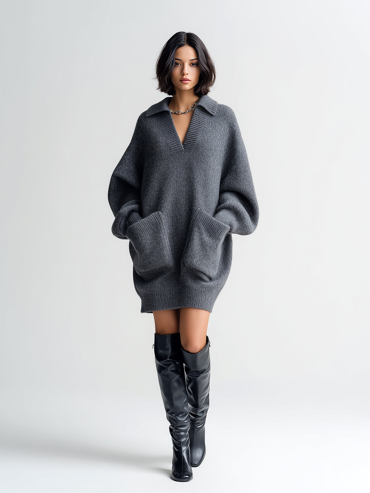 ElevenOra Chic Vintage Gray Lapel V-Neck Long Sleeve Patch Pocket Oversized Knit Mini Dress