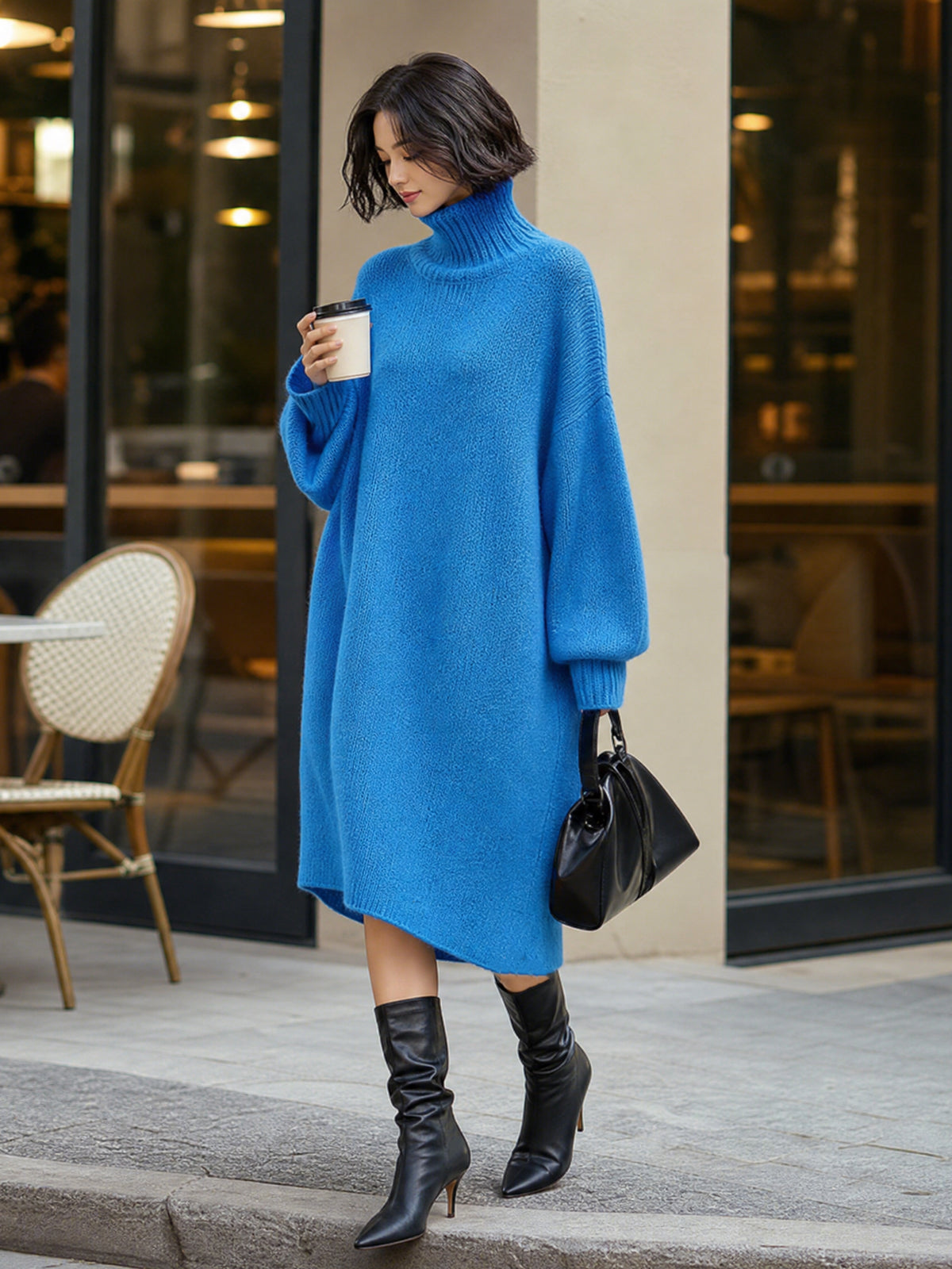 ElevenOra Chic Casual Blue Turtle Neck Oversized Long Sleeve Knit Midi Dress