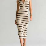 ElevenOra Stylish Elegant Beige Striped Lapel Collar Zipper-Front Sleeveless Slim-Fit Ribbed Knit Midi Dress
