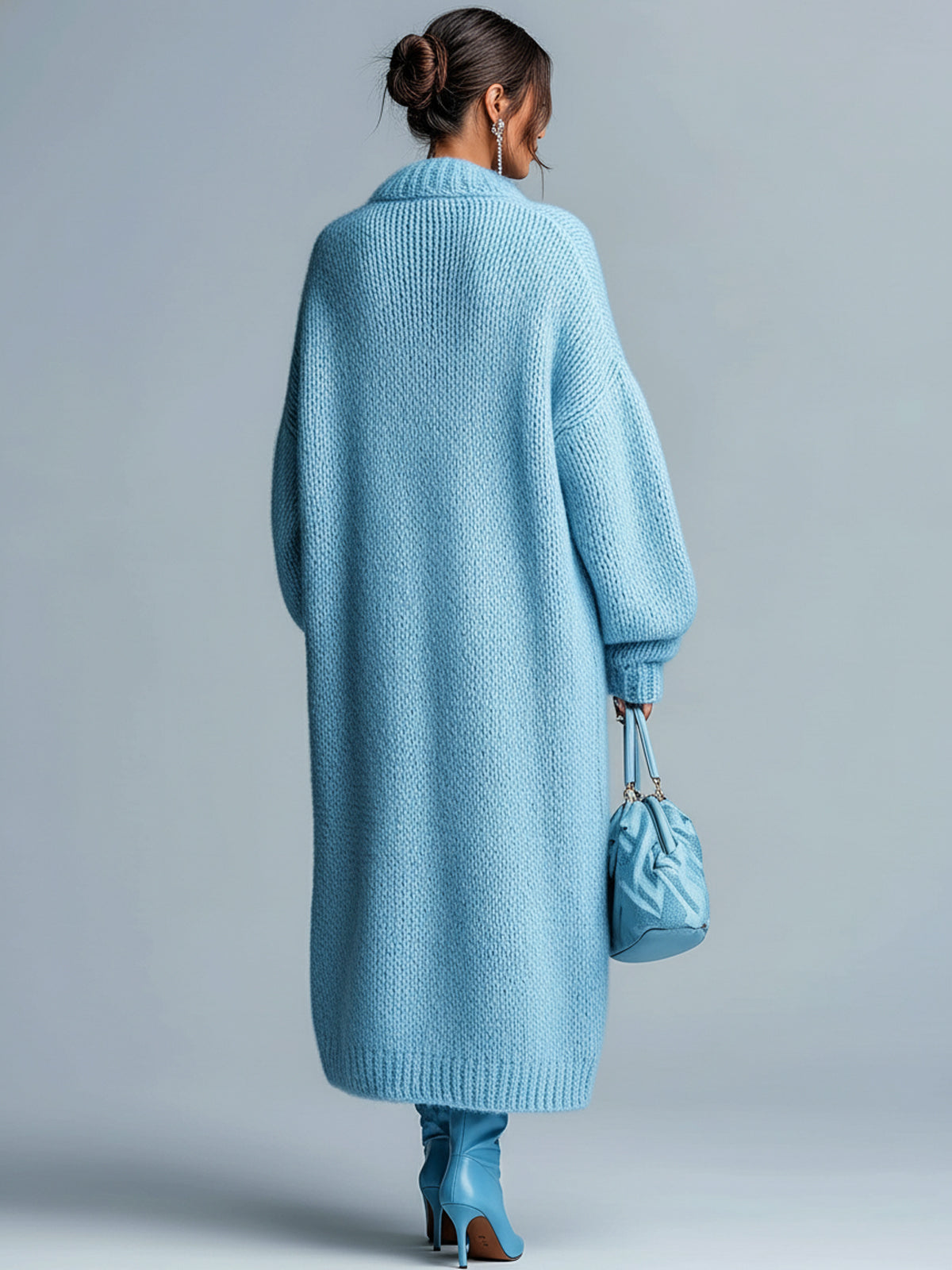 ElevenOra Chic Casual Light Blue Lapel Single-Breasted Lantern Sleeve Maxi-Length Slouchy Knit Cardigan