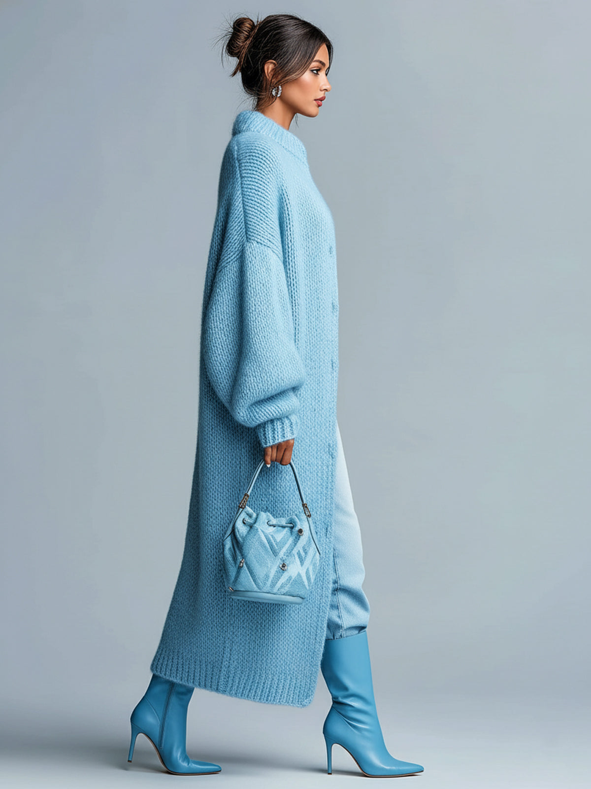 ElevenOra Chic Casual Light Blue Lapel Single-Breasted Lantern Sleeve Maxi-Length Slouchy Knit Cardigan