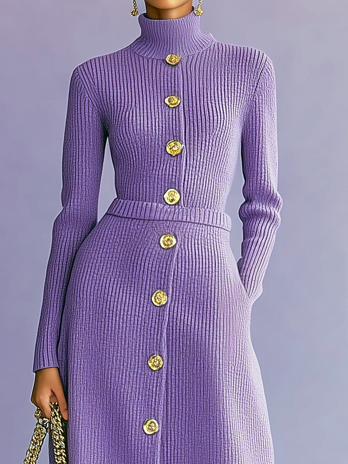 ElevenOra Vintage Elegant Turtleneck Button Detail Long Sleeve Pullover Sweater Elastic Waist Maxi Skirt Two-piece Set