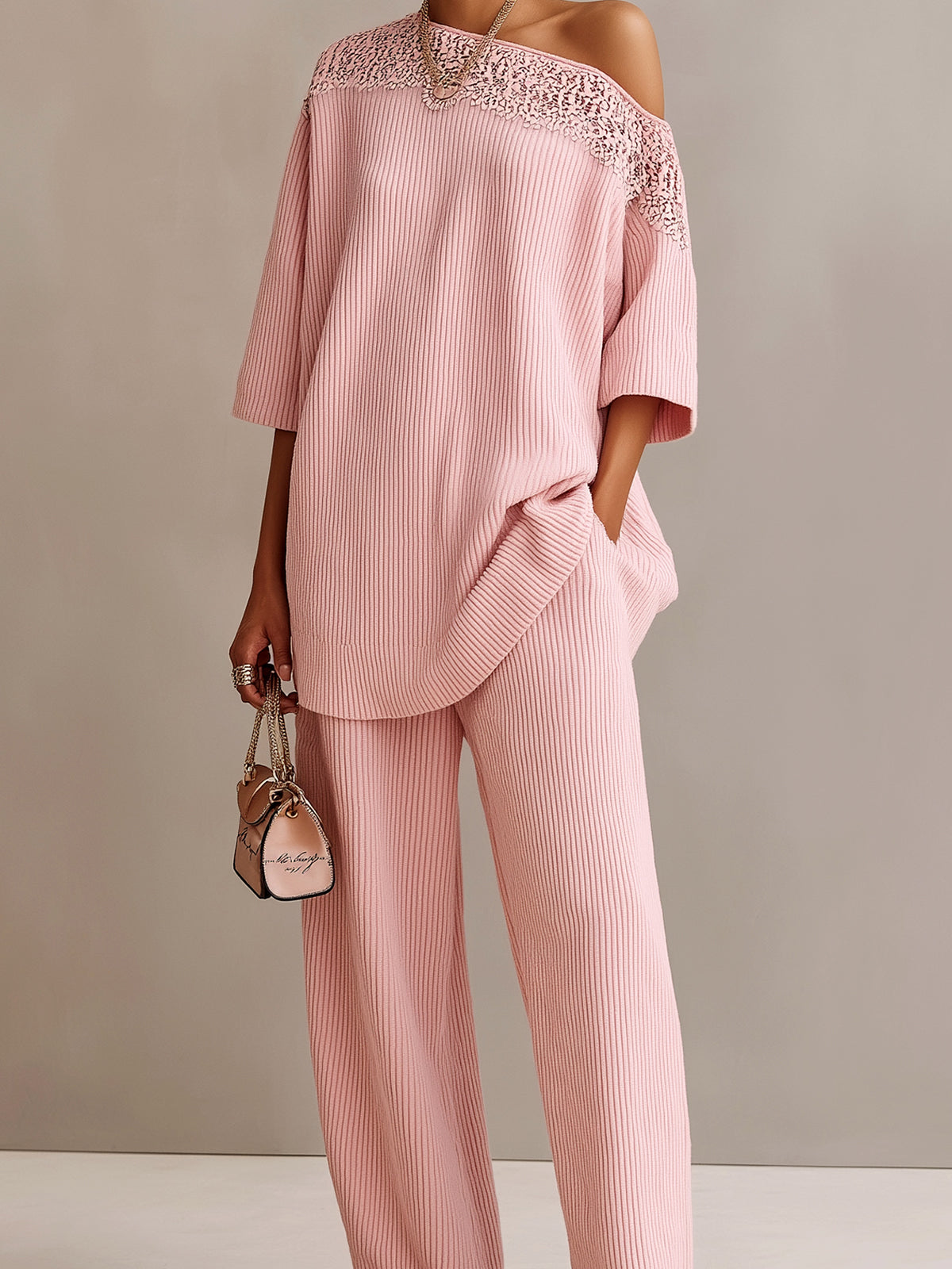 ElevenOra Chic Elegant Pink One-Shoulder Short-Sleeve Lace Detail Oversize Sweater And Relaxed-Fit Ribbed Knit Pants Two-Piece Set