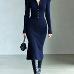 ElevenOra Chic Elegant Navy Lapel Tailored Waist Button Detail Long Sleeve Knit Bodycon Midi Dress