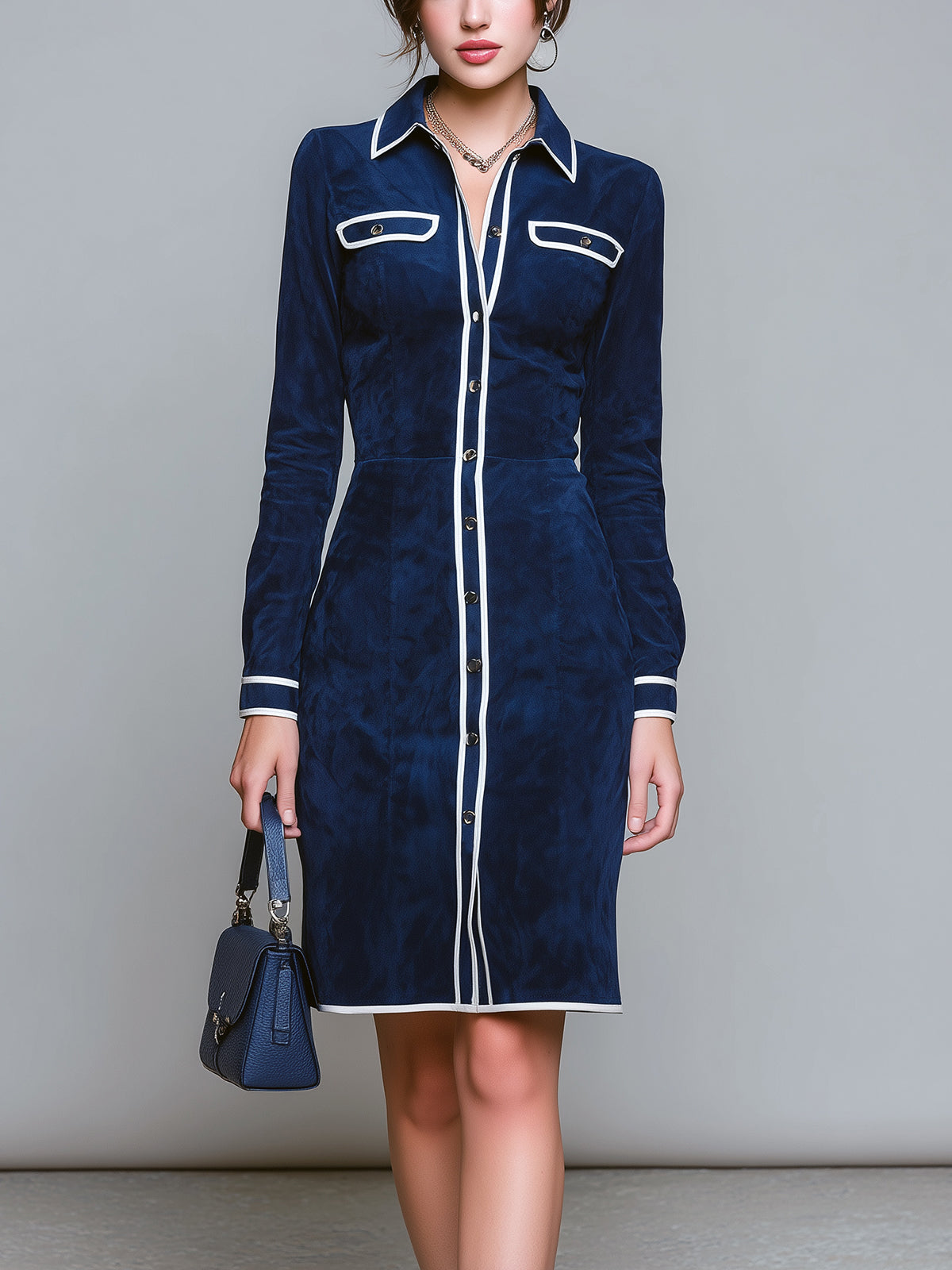 ElevenOra Casual Vintage Faux Suede Lapel Single-Breasted Tailored Waist Contrast Trim Long Sleeve Midi Dress