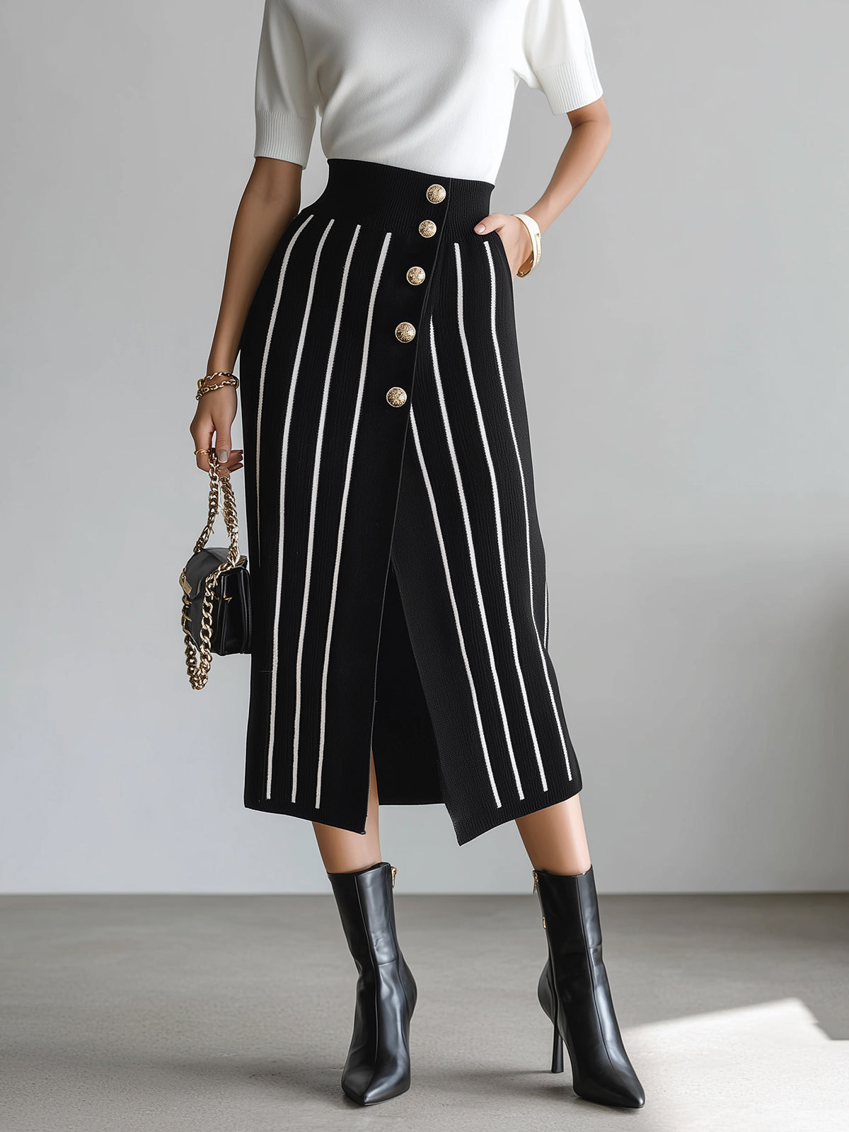 ElevenOra Chic Elegant Black Stripes High Waist Button-Front Slit Bodycon Knit Midi Skirt