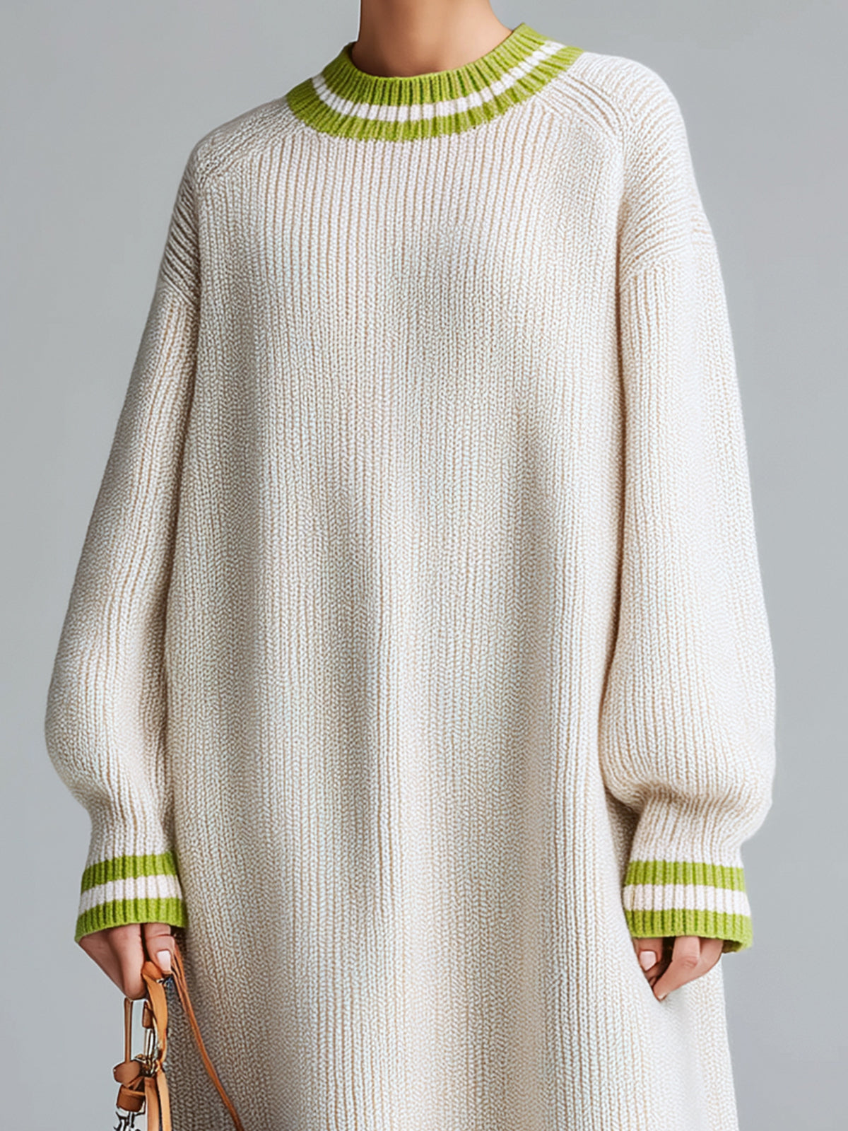 ElevenOra Chic Casual Cream White Crew Neck Contrast Stripes Oversized Long Sleeve Knit Maxi Dress