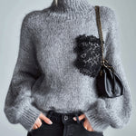 ElevenOra Casual Chic Gray Turtleneck Lace Patch Detail Long Sleeve Oversized Mohair Knit Sweater