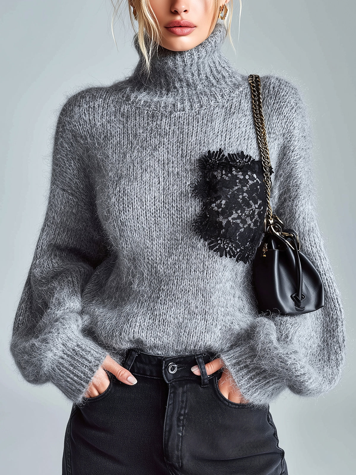 ElevenOra Casual Chic Gray Turtleneck Lace Patch Detail Long Sleeve Oversized Mohair Knit Sweater