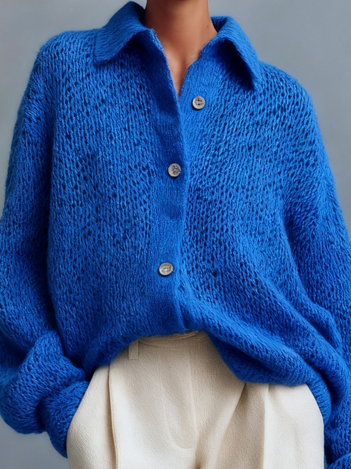 ElevenOra Chic Casual Royal Blue Lapel Button-Front Oversized Long-Sleeve Knit Shirt Sweater