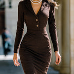 ElevenOra Casual Office Coffee Cotton Blend Suit Collar Long Sleeve Sheath Midi Dress