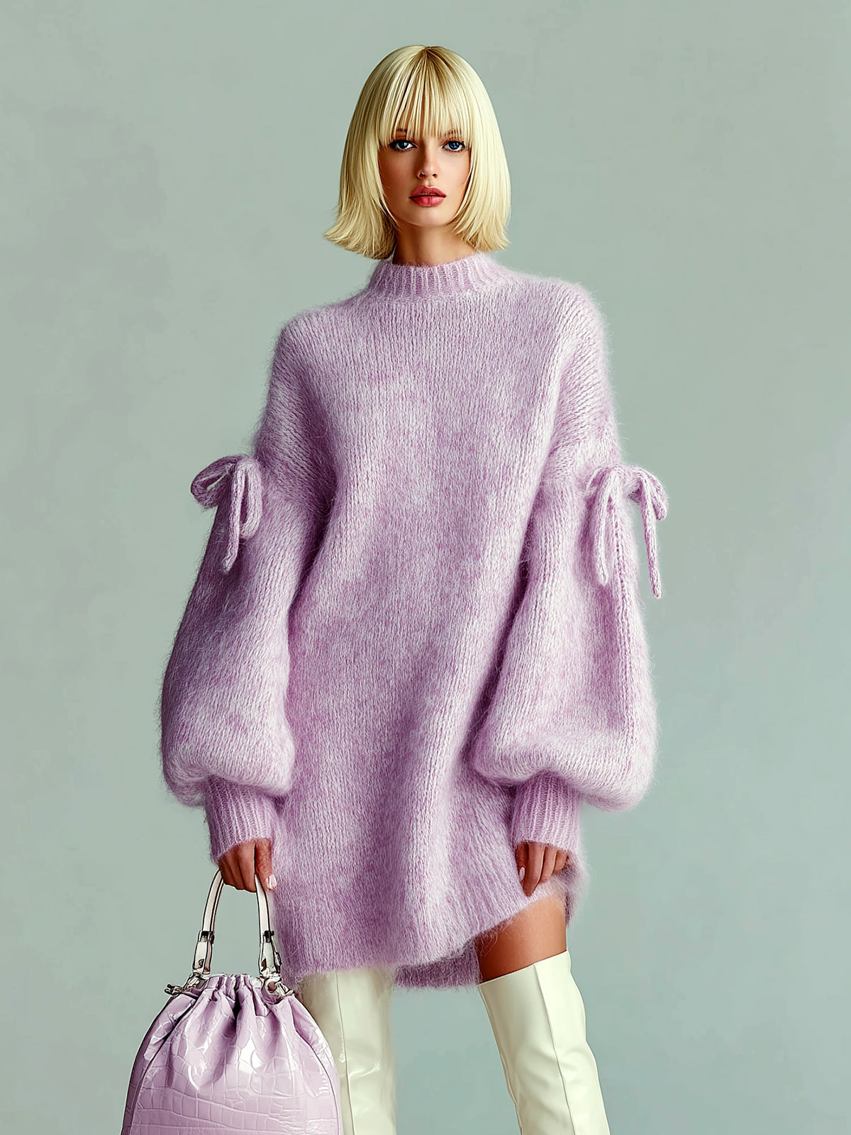 ElevenOra Chic Casual Lavender Round Neck Lantern Sleeve Bow-Embellished Oversized Fuzzy Knit Midi Dress