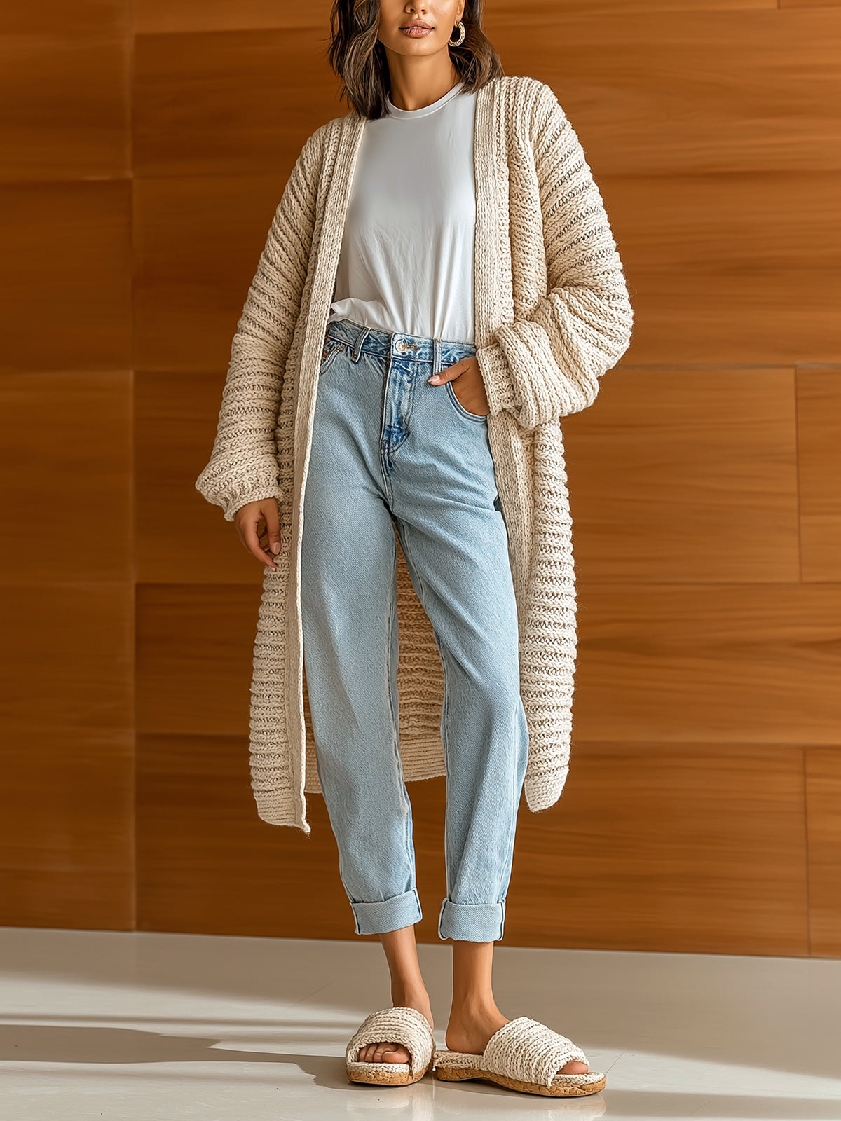 ElevenOra Chic Vintage Beige Hollow Out Stripes Collarless Long-Sleeve Oversize Knit Mid-Length Cardigan