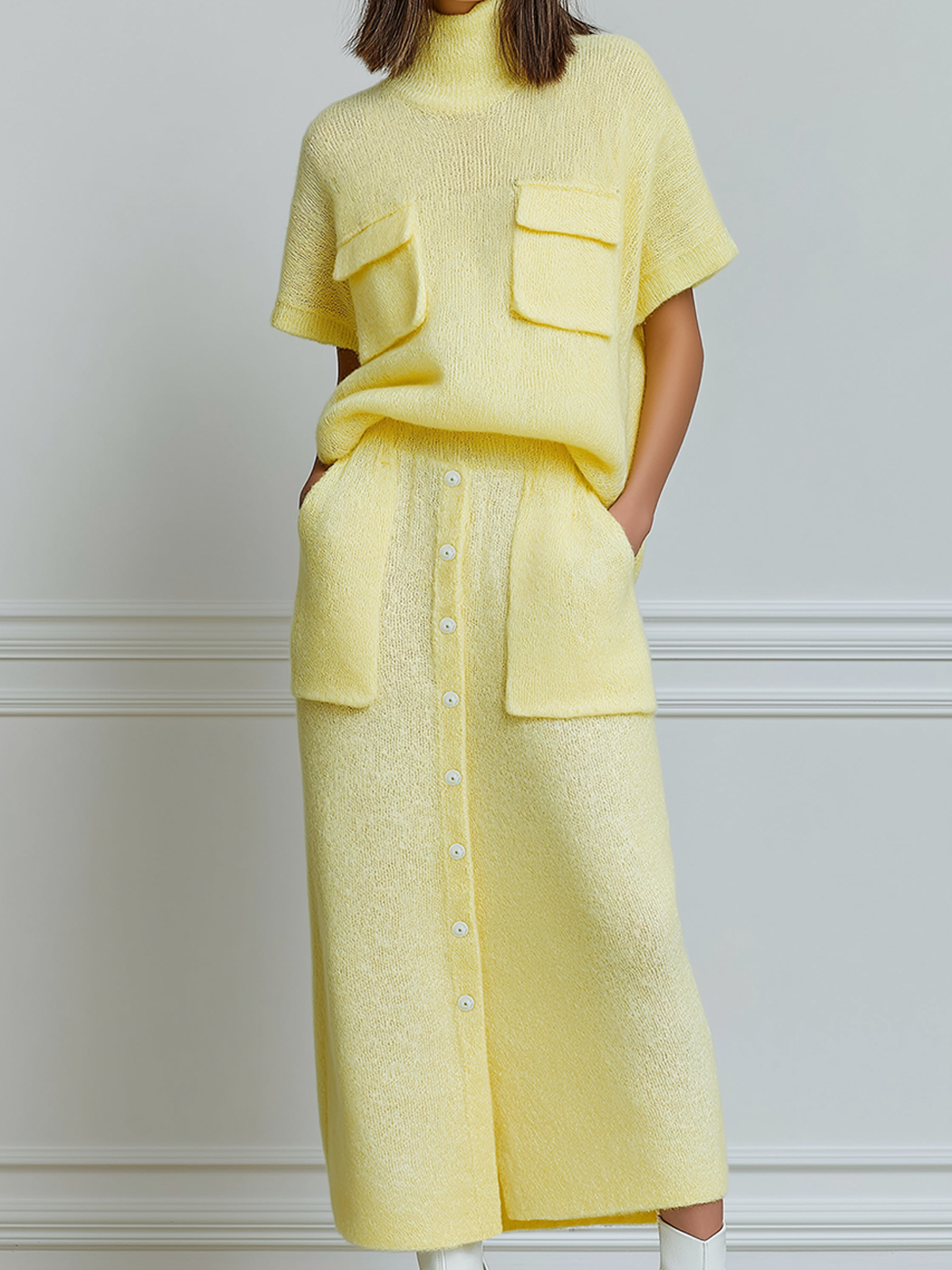 ElevenOra Chic Casual Yellow Turtleneck Oversized Short Sleeve Sweater Patch Pocket Elastic Waist Maxi Skirt Button Knit Two-Piece Set