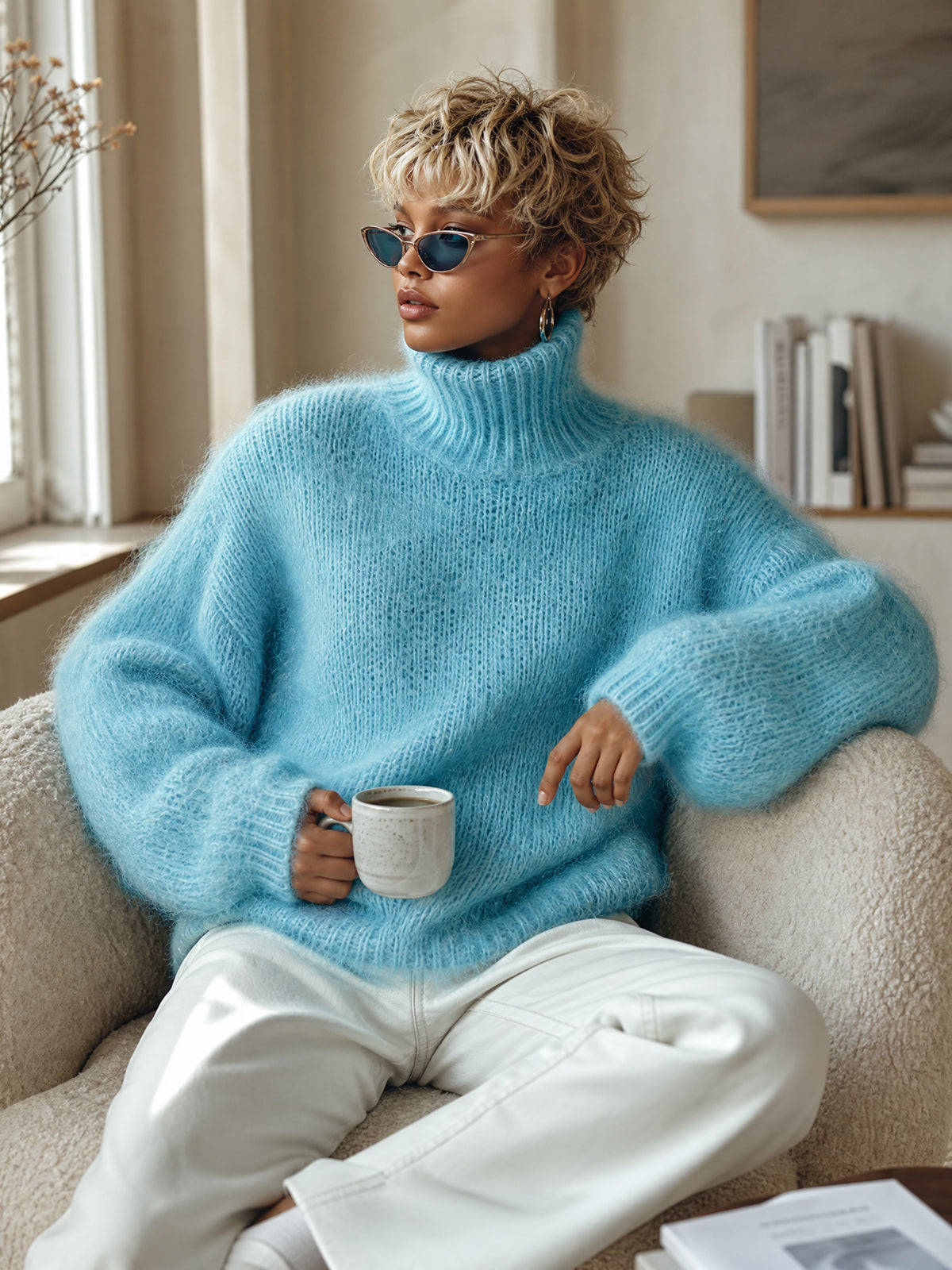 ElevenOra Chic Vintage Baby Blue Turtleneck Textured Knit Fuzzy Slouchy Sweater