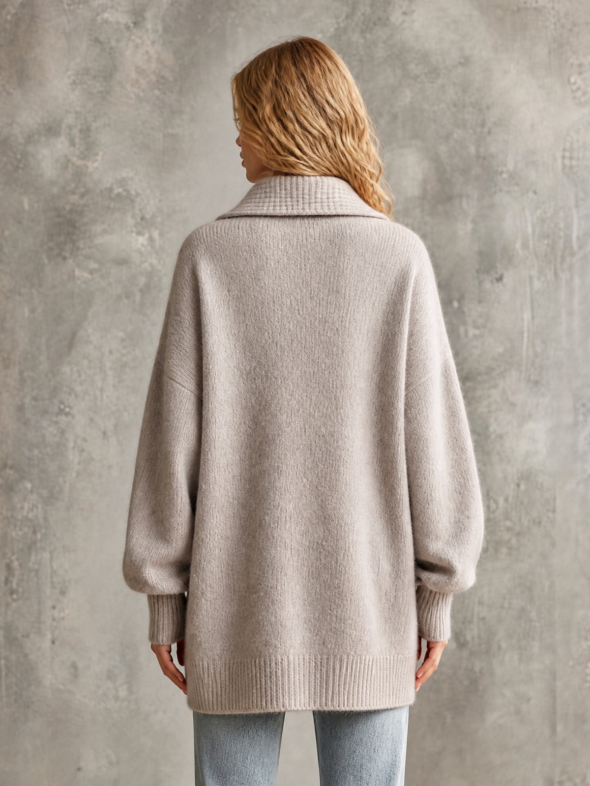 ElevenOra Chic Elegant Beige Gray Lapel V-Neck Dropped-Shoulder Long-Lantern-Sleeve Oversized Wool Blend Knit Sweater