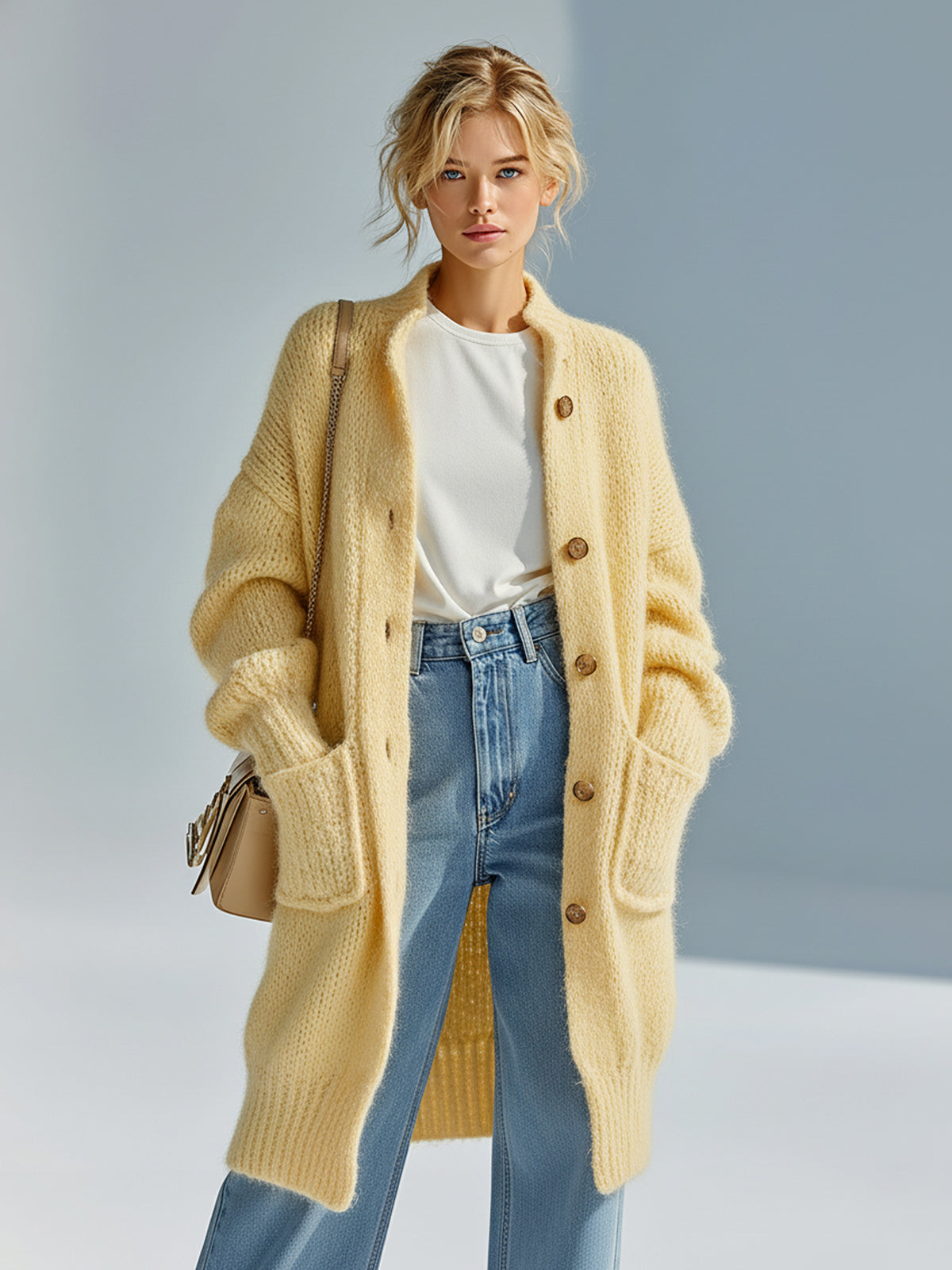 ElevenOra Chic Vintage Light Yellow Stand Collar Single-breasted Long Sleeve Patch Pocket Fuzzy Knit Mid-Length Cardigan